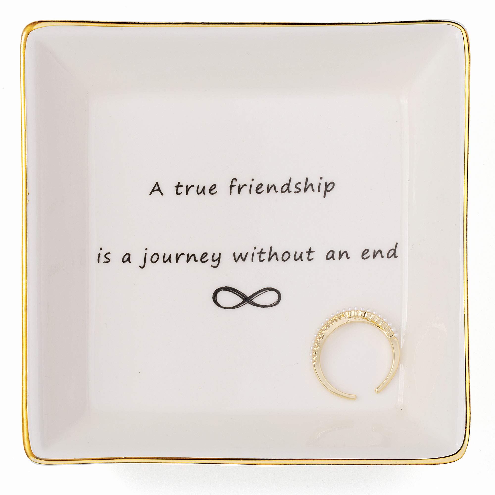 Ceramic Trinket Tray for Women - Friendship Gift Jewelry Dish with 'A True Friendship is A Journey Without End' Quote - Perfect for Birthday, Christmas, Home Decor & Encouragement Gifts | Jewelry Organizer, Ring Holder, Vanity Tray for Bedroom & Bathroom