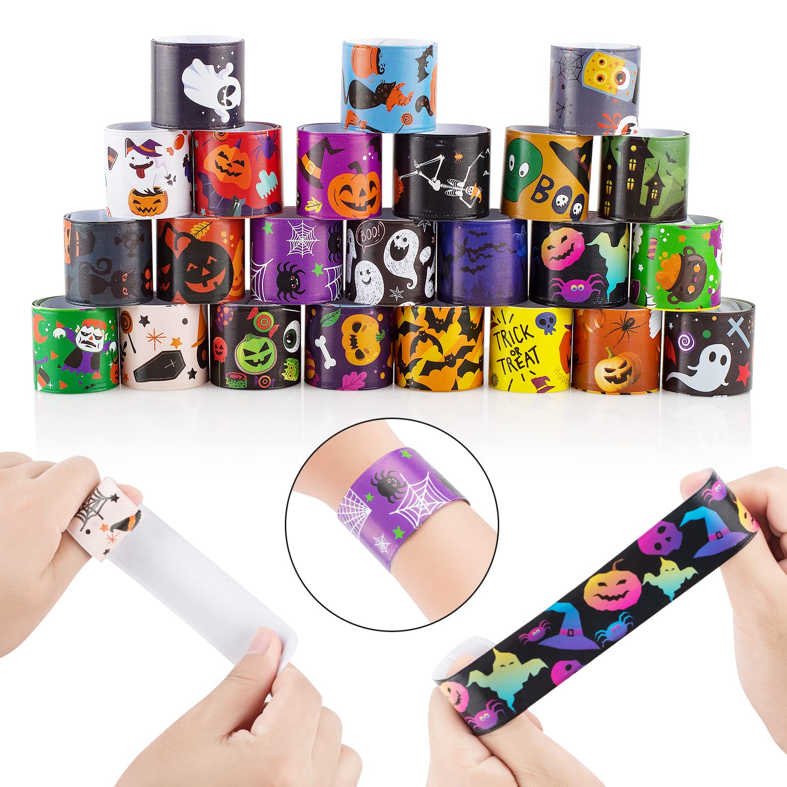 Halloween Slap Bracelets for Kids - Bulk Pack of 24 Snap Bracelets - Fun Party Favors, Classroom Prizes & Gift Exchange Ideas - Perfect for Halloween Parties, Trick or Treat Goodie Bags & School Events