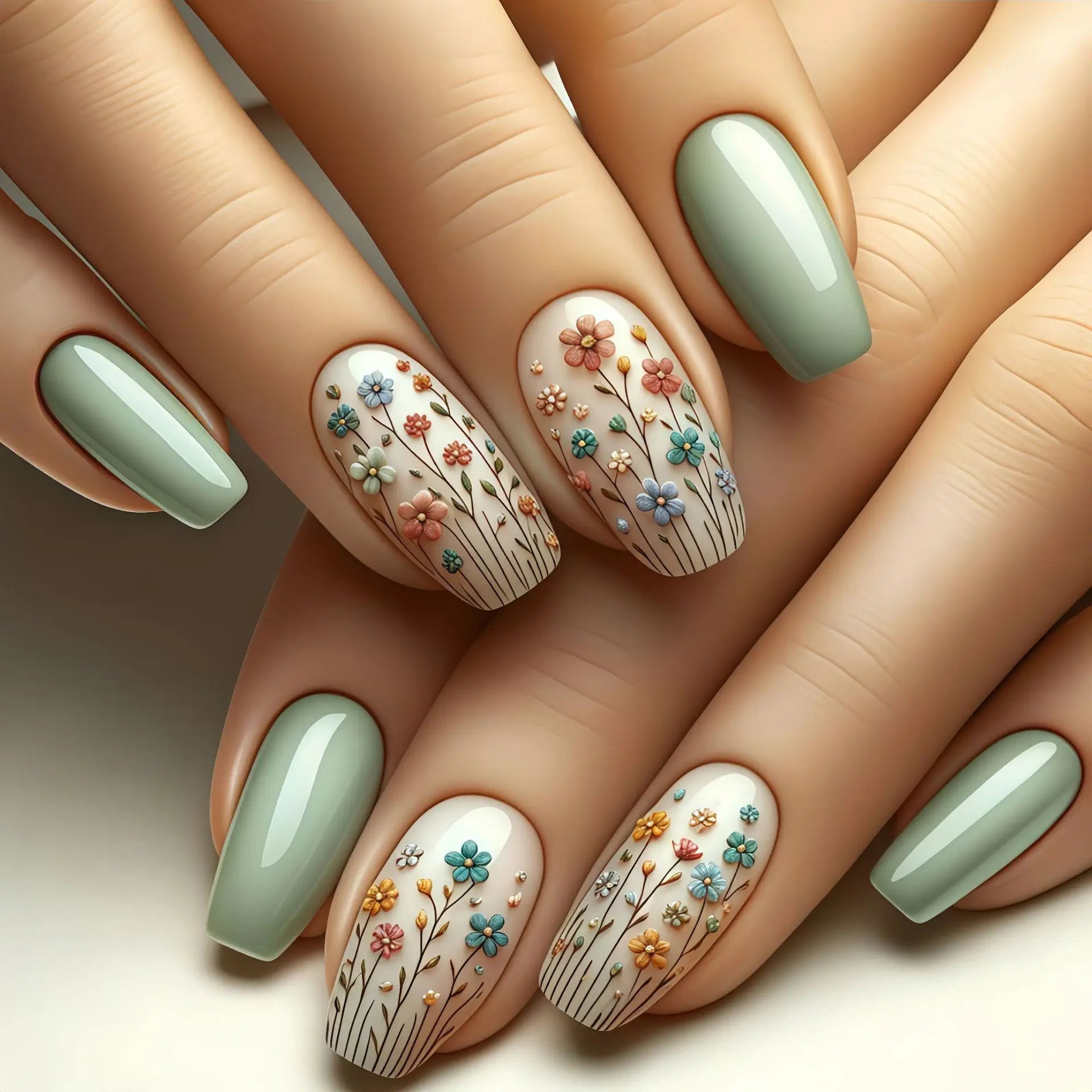 24Pcs Medium Length Press on False Nails - Ballet Blue Floral Design Fake Nails Set, Detachable Artificial Nails for Spring Summer Manicure | Perfect for Parties, Weddings, Date Nights & Special Occasions