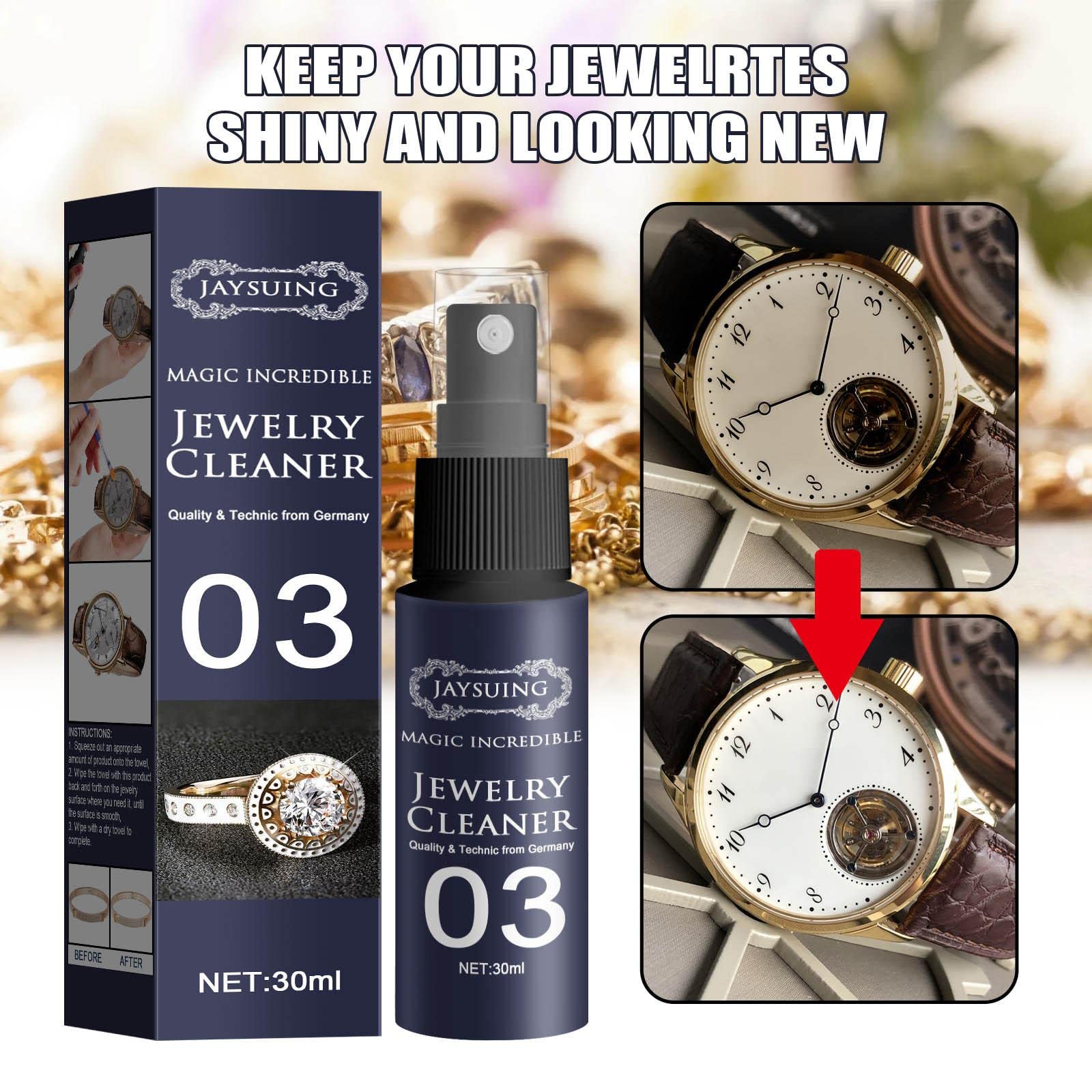 Natural Jewelry Cleaner Spray - Instant Shine Concentrate for Diamonds, Gold & Silver | Gentle Cleaning Solution to Restore Sparkle | Perfect for Rings, Necklaces & Watches