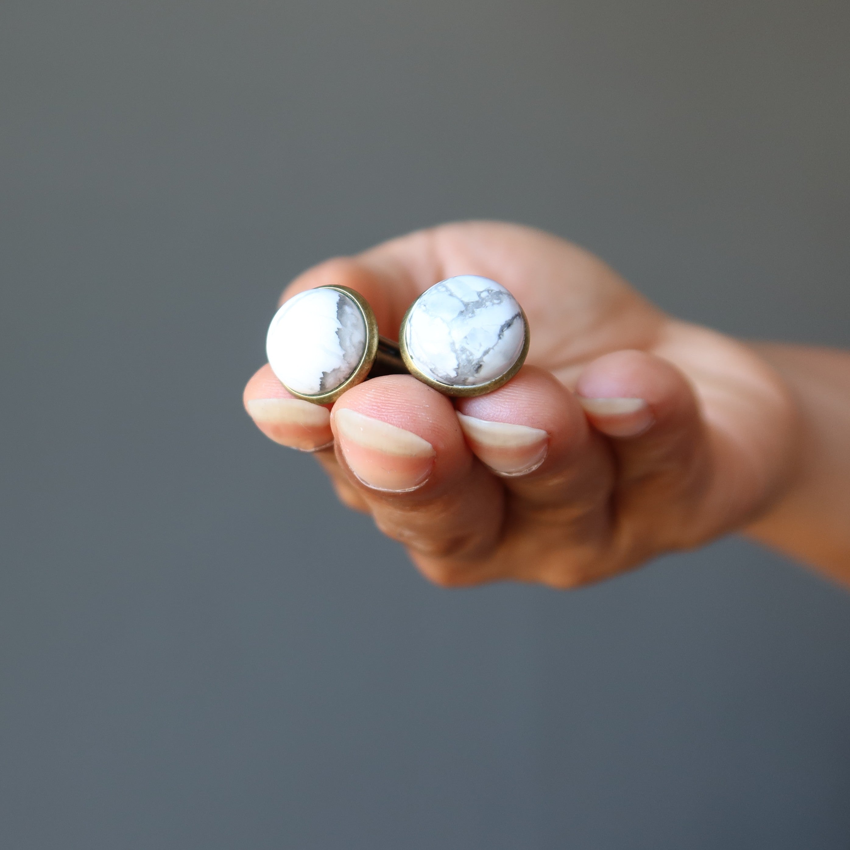 Vintage Howlite Stone Cufflinks - White Howlite with Antique Bronze Finish for Men's Formal Wear & Wedding Attire