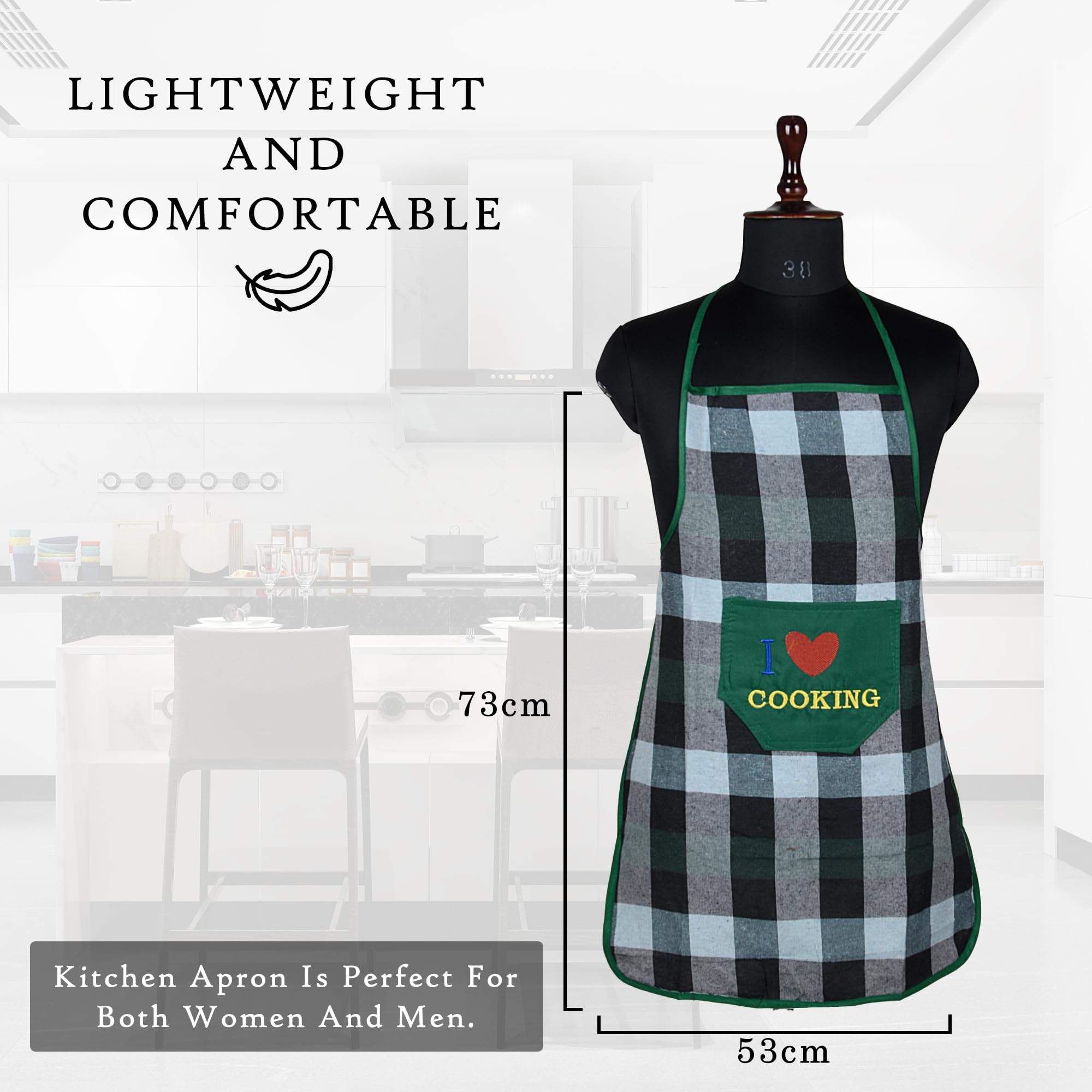 Kuber Industries Waterproof Kitchen Apron for Women & Men - Chef & Restaurant Apron with Front Pocket - Durable Cooking Apron in Bada Check Green - Perfect for Home Cooking, BBQ, Baking & Professional Kitchens