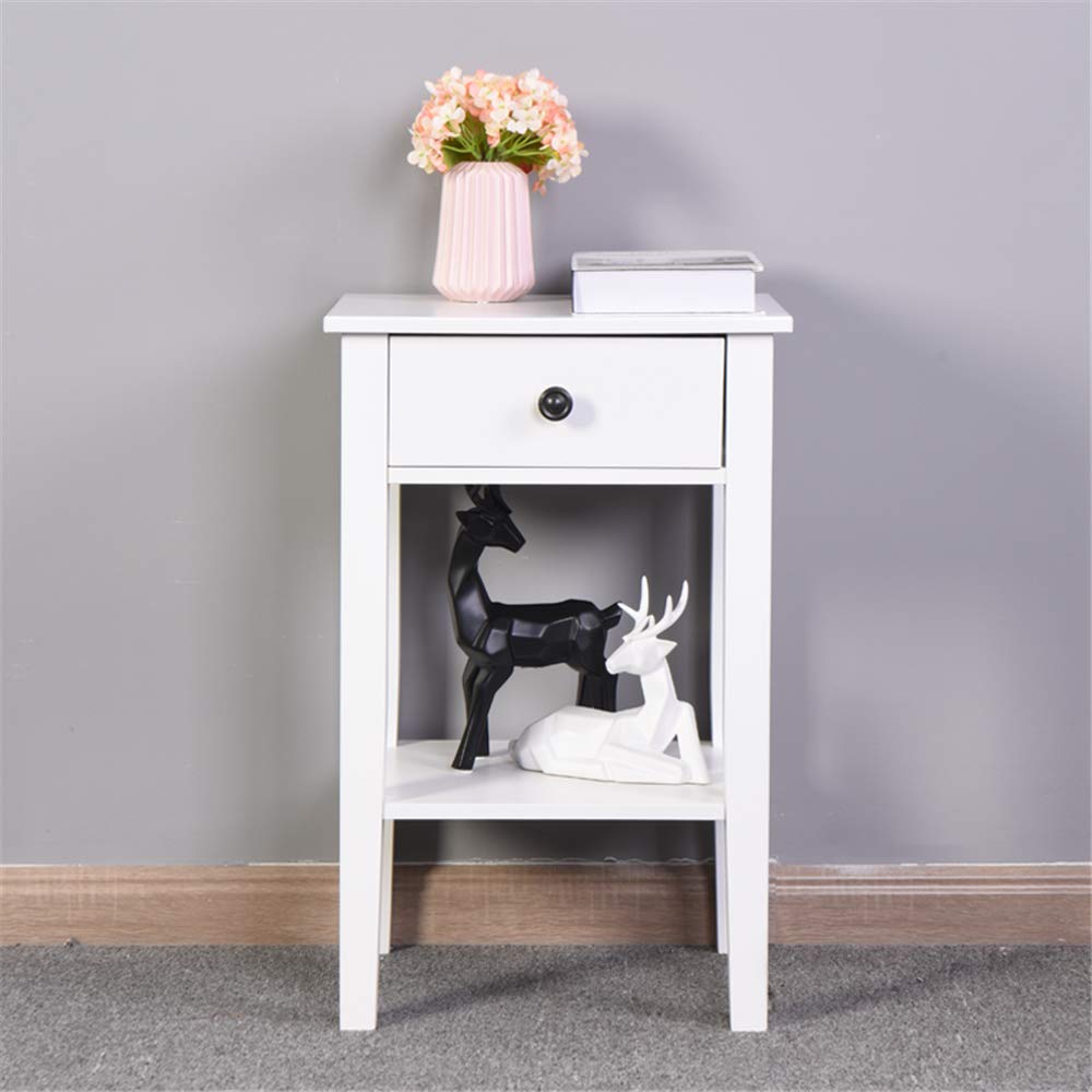 Modern White Side End Table with Drawer - 2-Tier Bedside Nightstand, Coffee Table & Sofa Side Table - 16.3”L x 12.6”W x 25.6”H - Perfect for Bedroom, Living Room & Small Spaces
