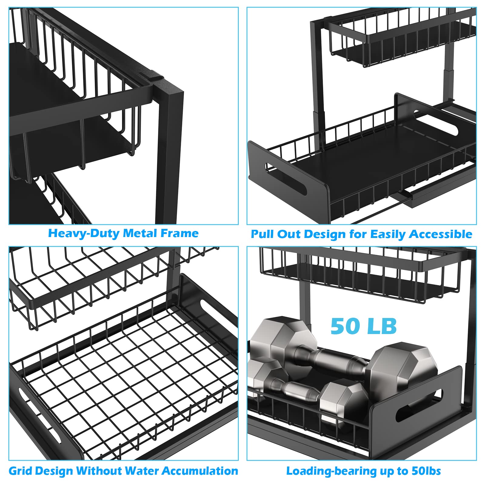 Under Sink Organizer with Sliding Drawer - 2 Tier Pull Out Cabinet Shelf for Kitchen & Bathroom Storage - Black Space Saving Solution (10.4