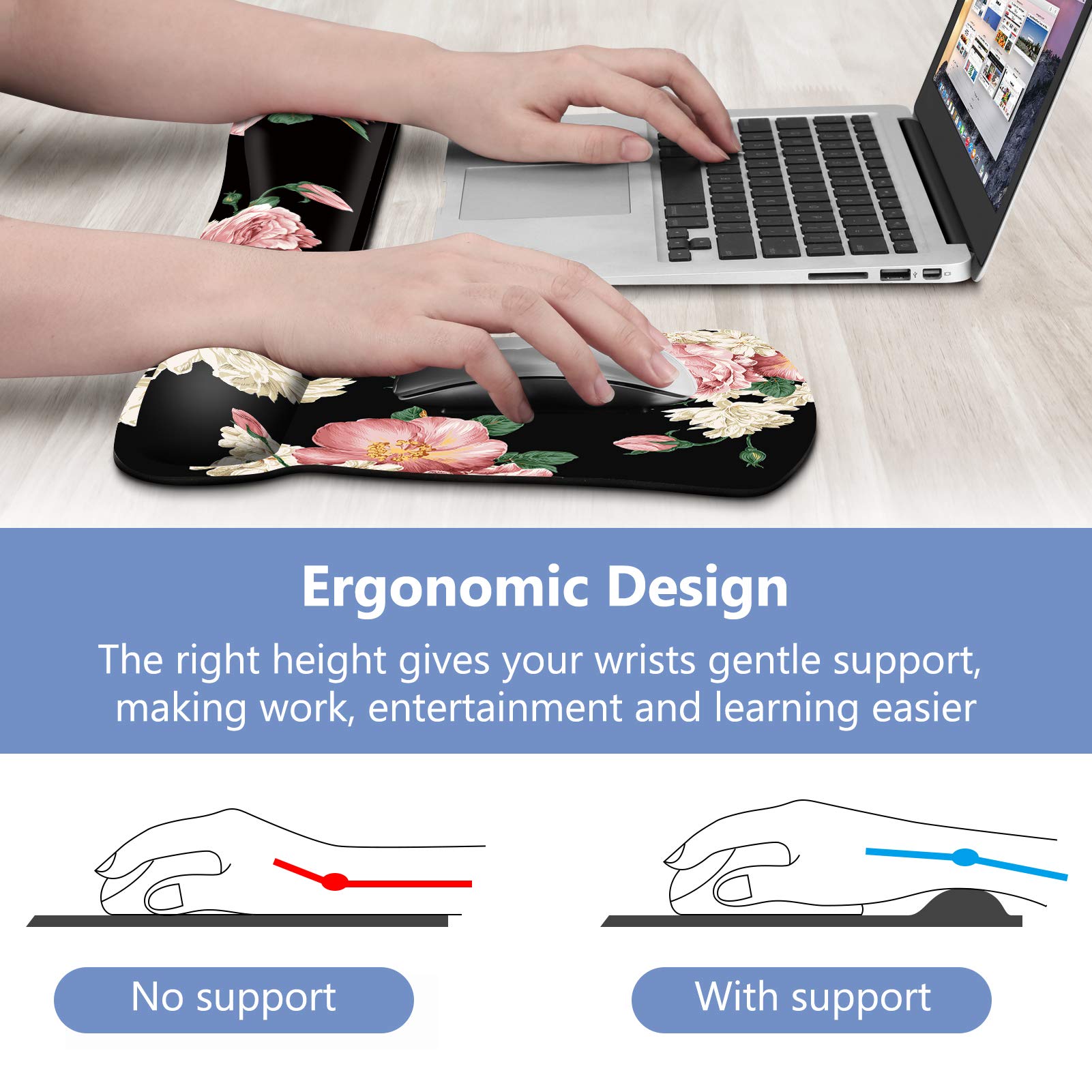 Fintie Ergonomic Mouse Pad with Memory Foam Wrist Support & Keyboard Wrist Rest - Non-Slip Rubber Base for Pain Relief, Gaming, Office & Laptop Use - Durable Comfort for Long Computer Sessions (Flower Festival Design)