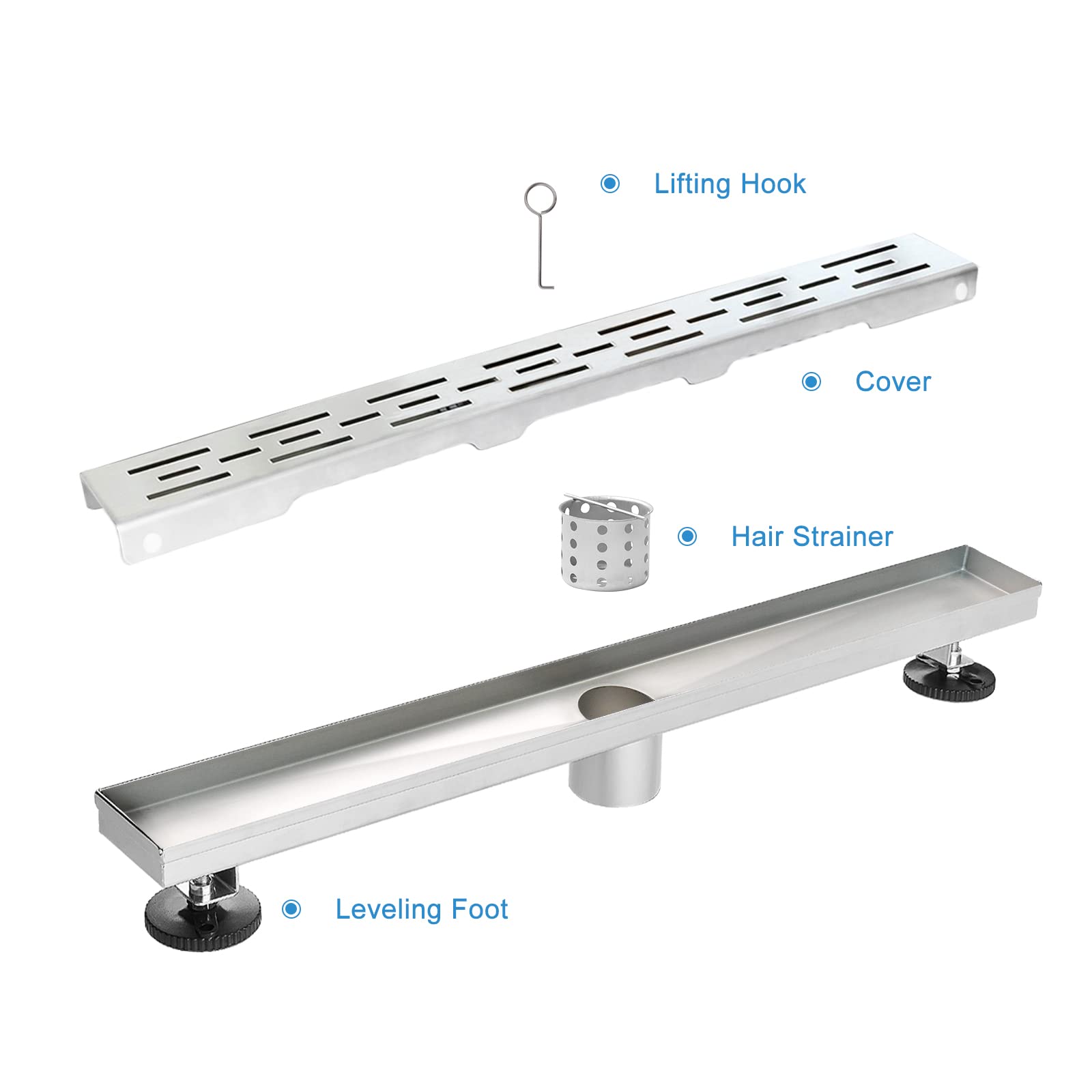 60 Inch Linear Shower Drain with Bar Pattern Grate - AISI 304 Stainless Steel Shower Drain with Hair Strainer & Leveling Feet - Perfect for Modern Bathroom Renovations and Walk-in Showers