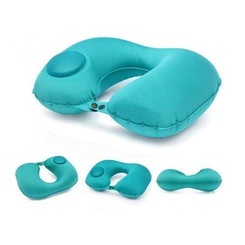 HOMAVA Silk Travel Backpack Neck Pillow - Manual Press Automatic Inflatable U-Shaped Pillow for Airplane, Car, Office - 15.74 X 11.02 Inch, Blue - Perfect for Long Flights, Road Trips & Work Comfort