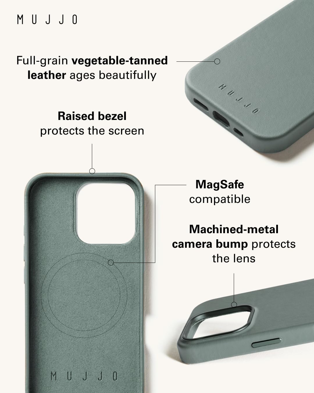 Mujjo Premium European Leather Case for iPhone 16 Pro - MagSafe Compatible, Slim Fit with Enhanced Camera & Phone Protection | Eco-Friendly Recycled Materials | Green Smoke Color | Perfect for Business, Travel & Everyday Use