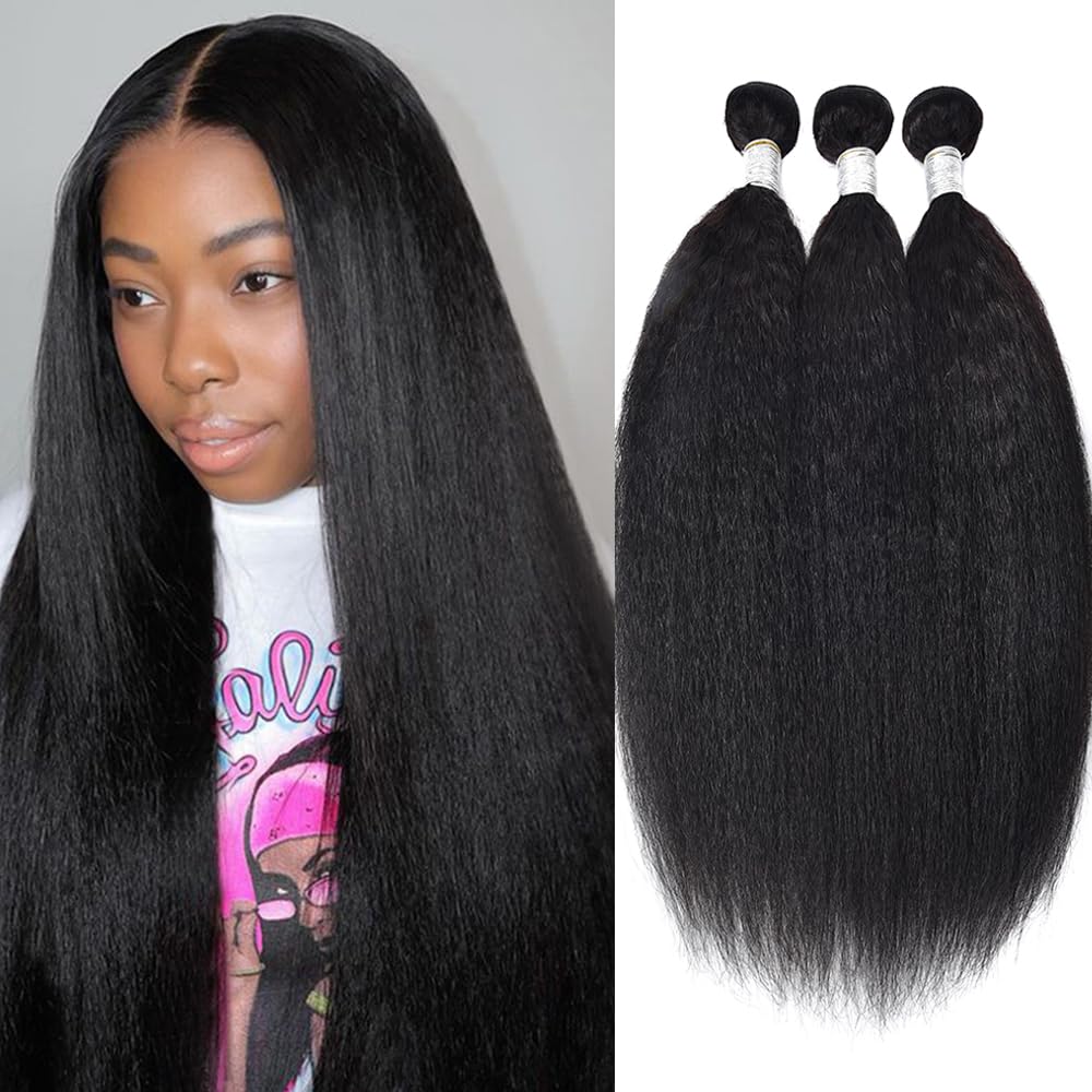 Kinky Straight Human Hair Bundles 20 22 24 Inch - 100% Unprocessed Brazilian Virgin Hair 12A Grade - 3 Bundles Deal Natural Black Color - Perfect for Weaves, Extensions & Protective Styles