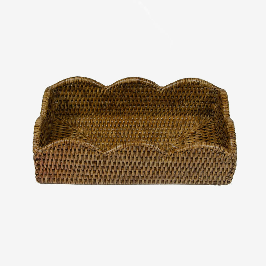 Caspari Rattan Scallop Guest Towel Holder - Elegant Bathroom & Powder Room Decor for Hand Towels - Perfect for Guest Bathrooms, Coastal Homes, and Spa Retreats
