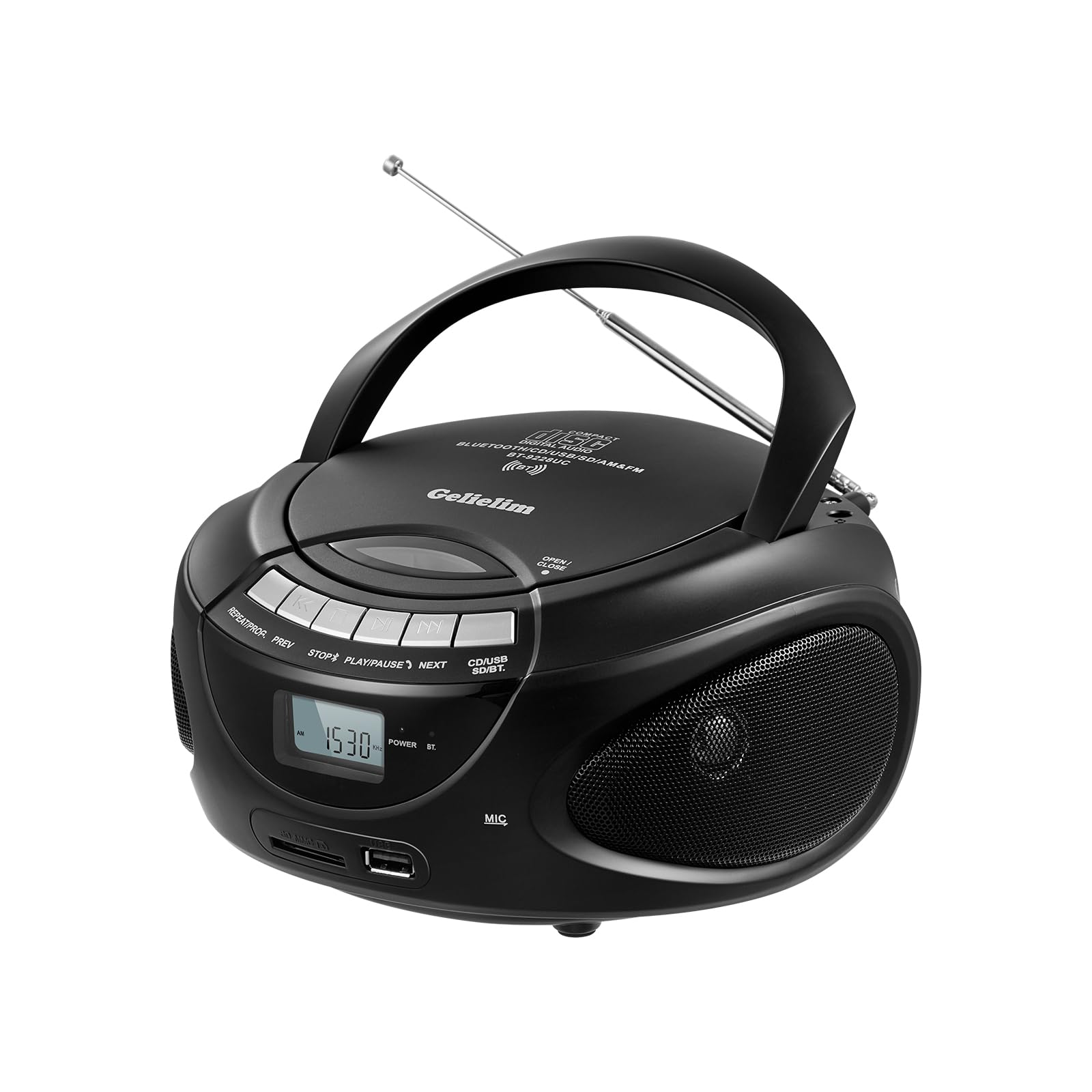 Gelielim Portable Bluetooth CD Player Boombox with AM/FM Radio, USB/SD/MMC Playback, Aux Input & Headphone Jack - High Volume Stereo Sound, LCD Display, Battery & AC Power - Perfect for Home, Office, Travel and Outdoor Parties