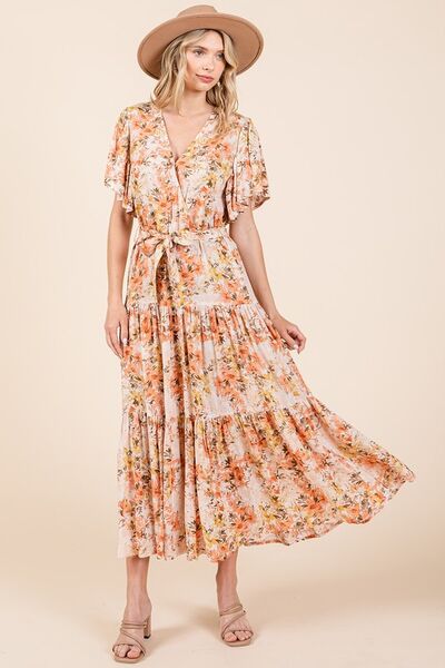 Floral Print Tie Waist Flutter Sleeve Tiered Midi Dress for Women - Perfect for Summer Vacations, Beach Getaways & Garden Parties