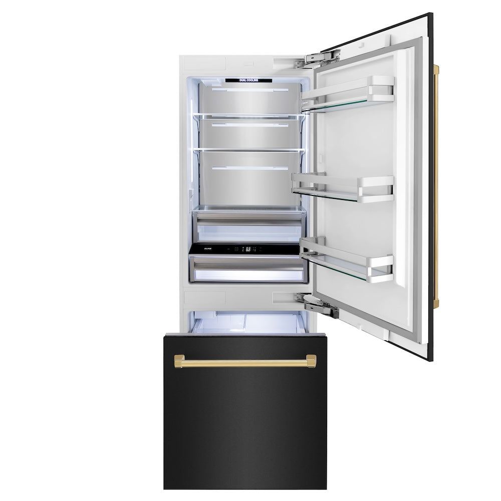 ZLINE Autograph Edition 30-Inch Built-In Bottom Freezer Refrigerator - 16.1 cu.ft Capacity, Black Stainless Steel with Polished Gold Accents, Water Dispenser & Ice Maker - Perfect for Modern Kitchens & Open-Concept Homes (RBIVZ BS 30 G)