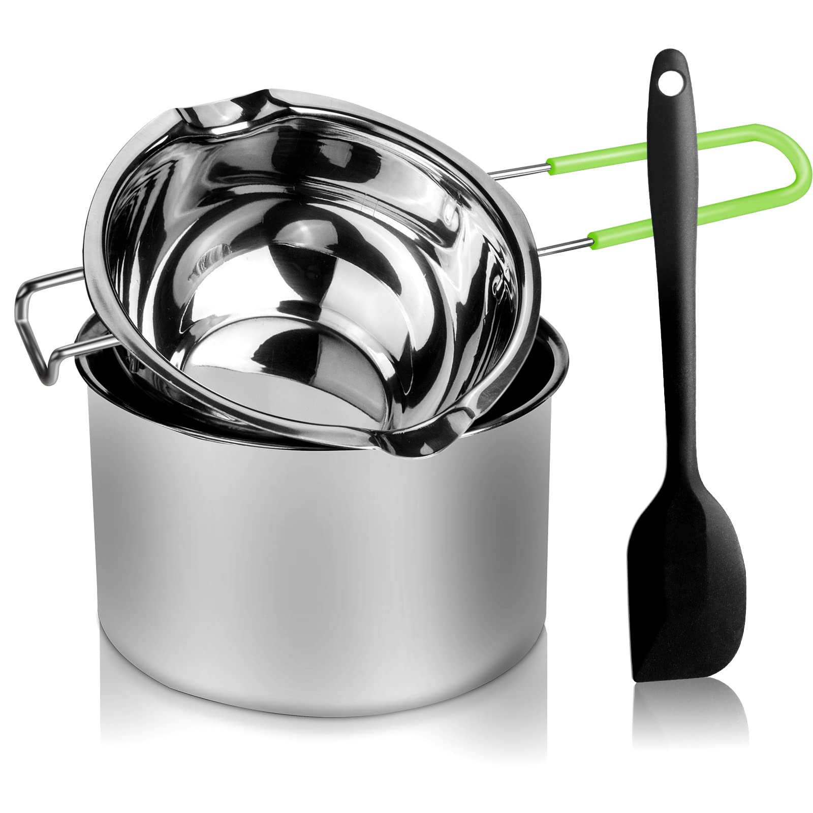 Premium Stainless Steel Double Boiler Pot Set with Silicone Spatula - 600ml & 1600ml for Melting Chocolate, Soap, Wax & Candle Making - Eco-Friendly Green Kitchen Essential for Home Chefs & DIY Crafters