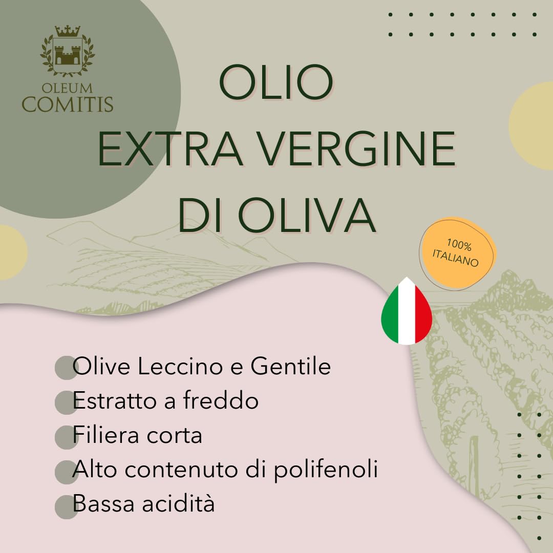 Premium Extra Virgin Olive Oil 100% Italian Cold Pressed - Oleum Comitis Authentic EVOO from Italy - 5L (169 fl oz) Tin for Cooking, Salad Dressing & Healthy Recipes