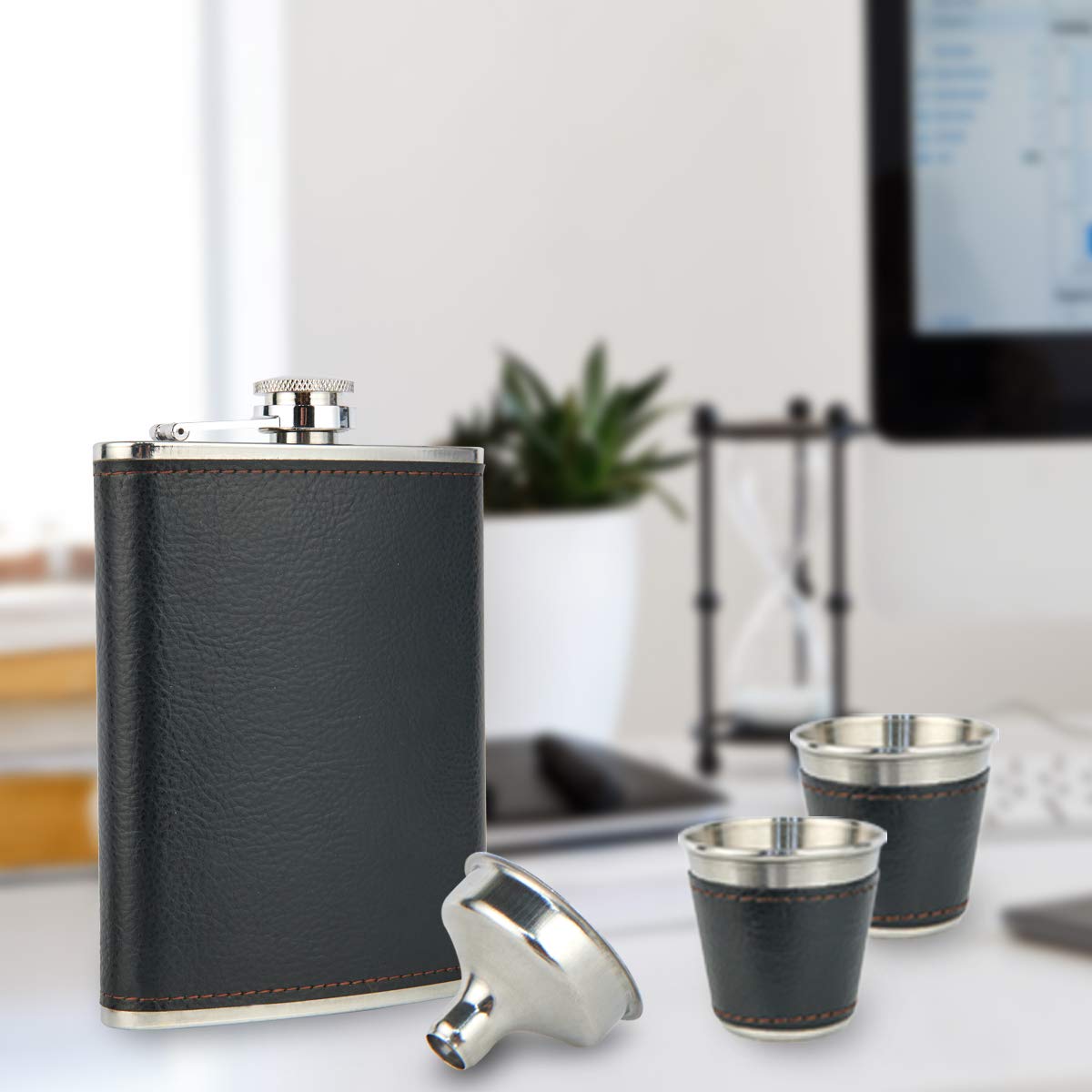Premium Leather Wrapped Stainless Steel Flask Gift Set - 8oz Hip Flask with 2 Shot Glasses & Funnel - Perfect for Whiskey, Bourbon & Liquor - Great for Camping, Travel & Outdoor Adventures