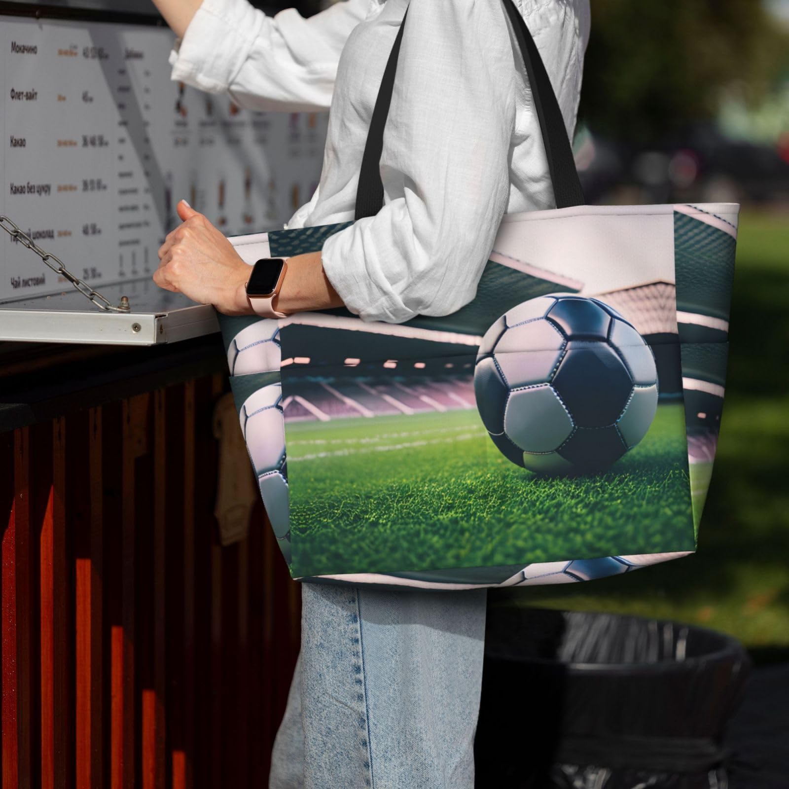 NOUZU Soccer Print Beach Tote - Large Women's Travel Bag for Beach & Gym - Black