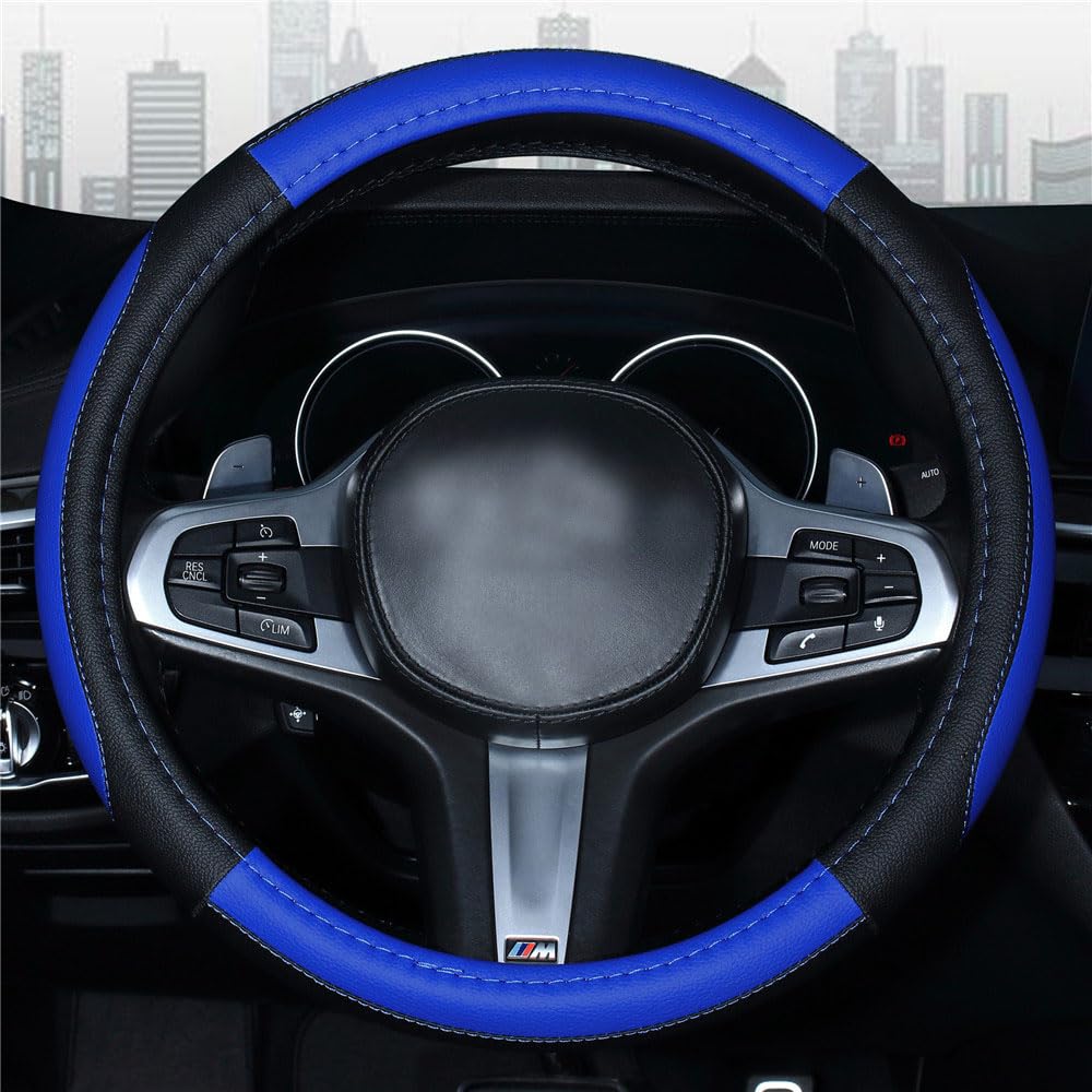 Mayco Bell 15 Inch Car Steering Wheel Cover - Black & Dark Blue - Soft, Durable & Non-Slip for Safety & Comfort - Perfect for Daily Commute, Road Trips & Winter Driving