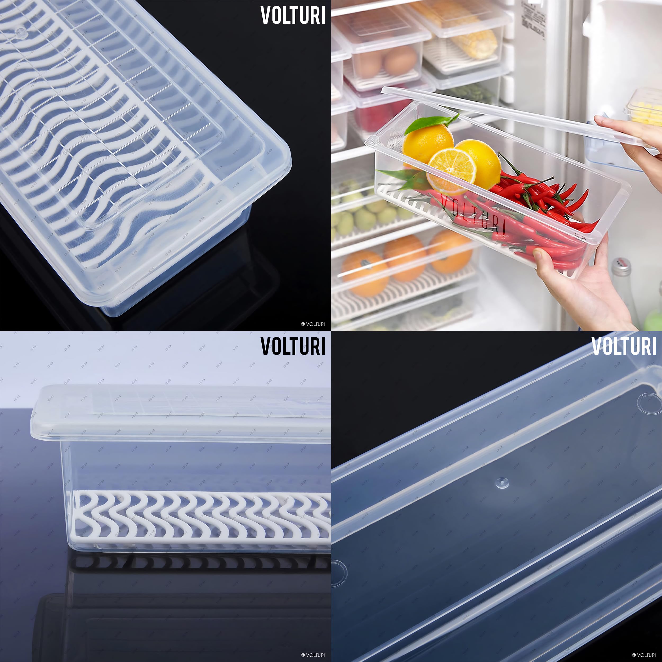 VOLTURI 6-Pack Fridge Storage Containers with Removable Drain Plate & Lids - Stackable Food Organizer for Fruits, Vegetables - 1500ML BPA-Free Kitchen Storage Boxes - Perfect for Meal Prep & Refrigerator Organization
