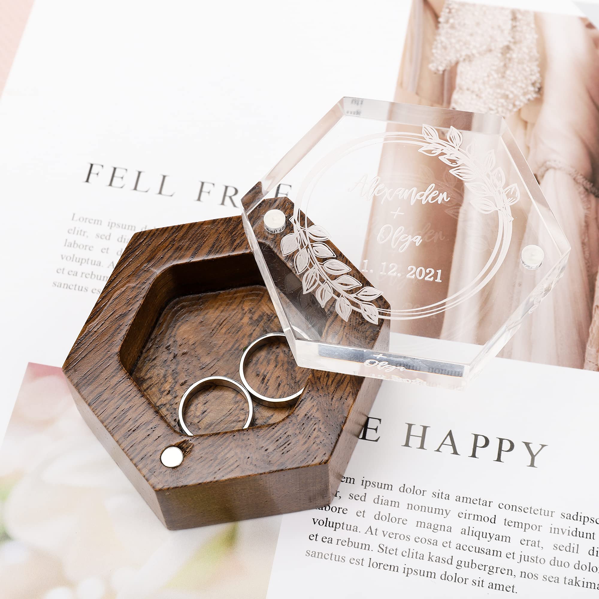Personalized Hexagon Ring Box with Clear Acrylic Lid & Engraved Wood Base - Wedding Ring Bearer Box for Proposal, Engagement & Ceremony | Perfect Gift for Couples, Anniversary & Romantic Occasions