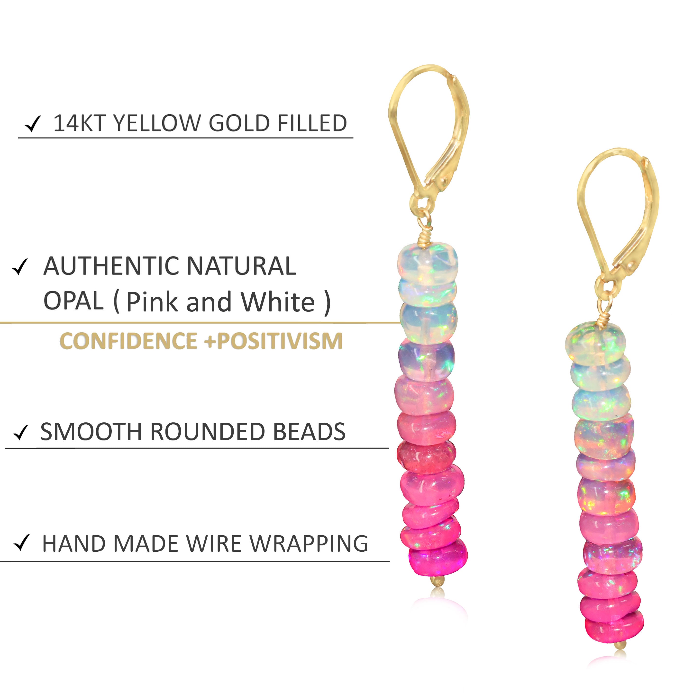 Natural Pink Opal Linear Beaded Dangle Drop Earrings for Women - Handmade Boho Chic Jewelry - Perfect for Weddings, Parties & Everyday Wear