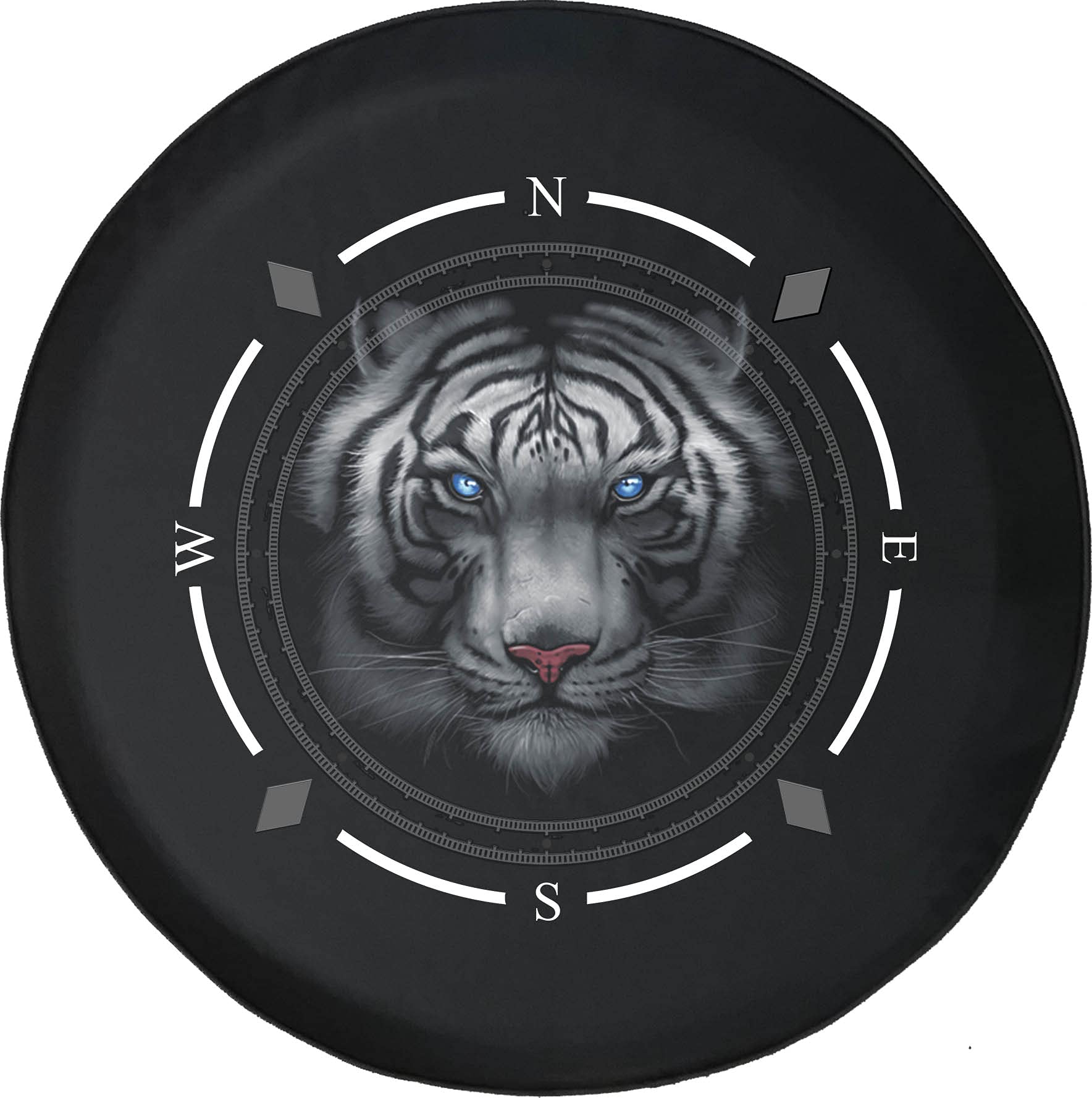 Premium American Unlimited Spare Tire Cover with Compass Design - Majestic White Tiger & Vibrant Eyes | Universal Fit for SUV, Trailer, RV & Most Vehicles | Durable Wheel Protection for Off-Road Adventures & Camping Trips