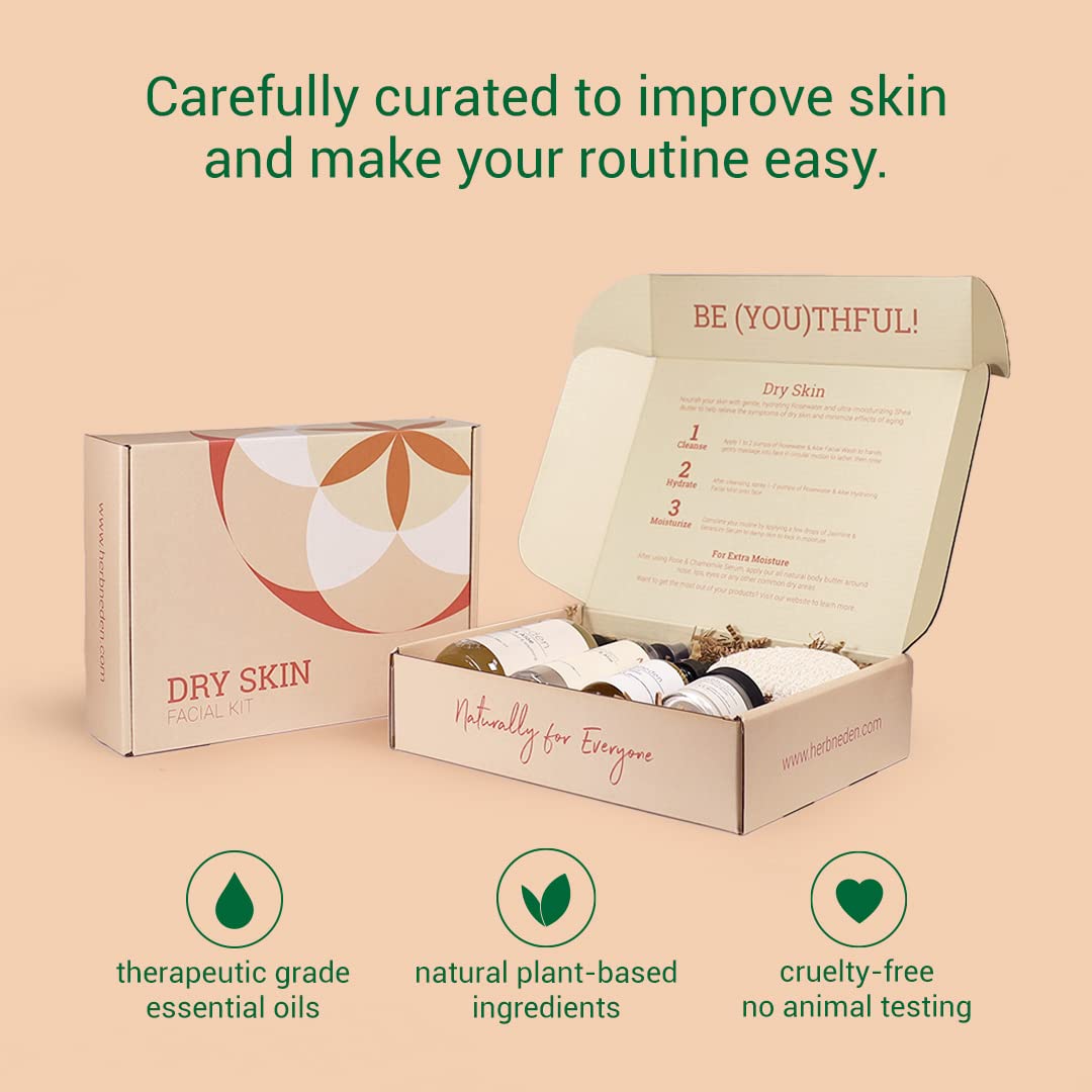 Herb’N Eden Dry Skin Facial Kit - 5 Piece Set with Cleanser, Face Mist, Serum, Body Butter & Sisal Sponge - Natural Skincare for Dry Skin with Essential Oils - Made in USA - Perfect for Daily Hydration & Nourishment at Home or Travel