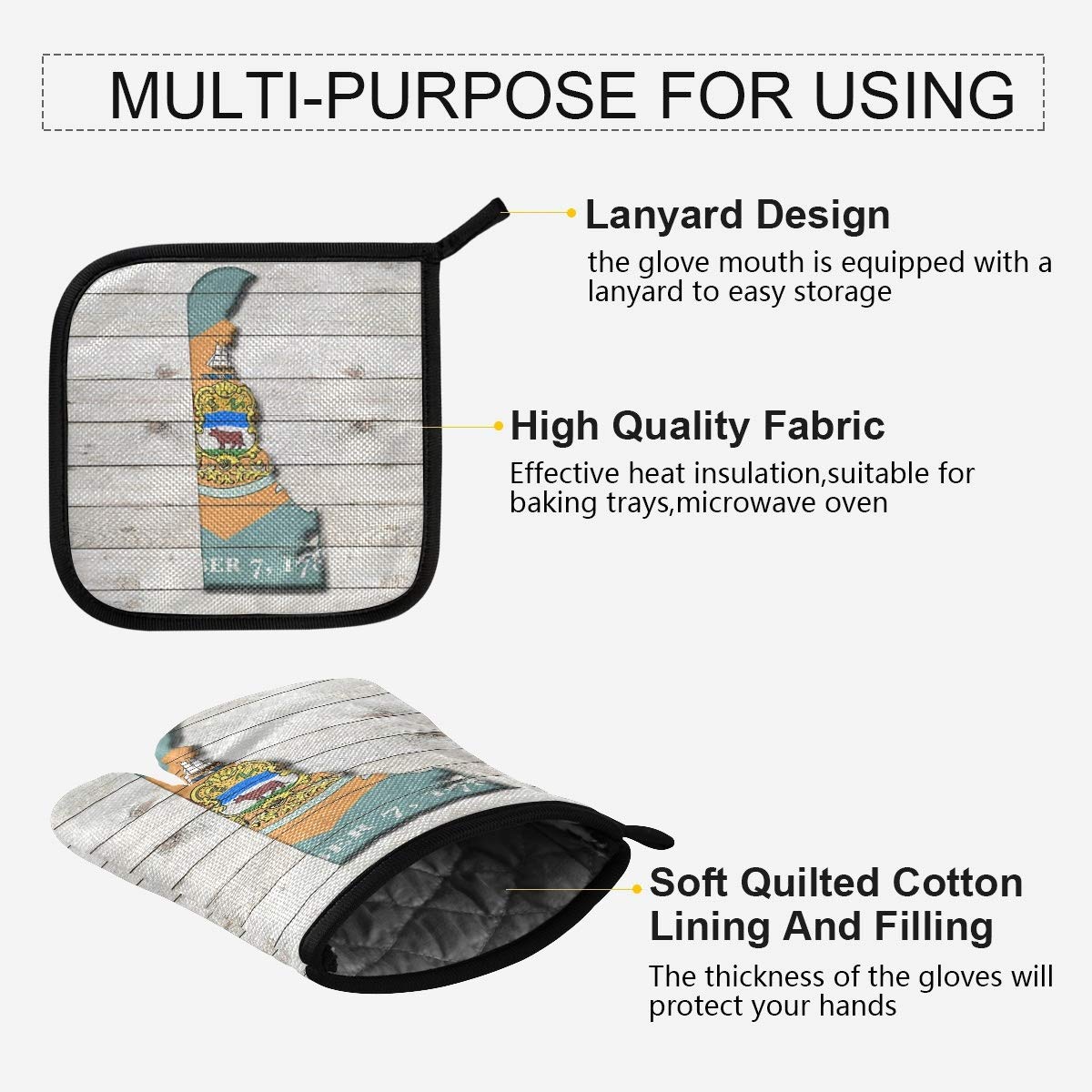 Delaware Flag Map Oven Mitts & Pot Holders Set - Heat Resistant Kitchen Gloves for Cooking, Baking, Grilling - Microwave & BBQ Safe Potholders for Home Chefs