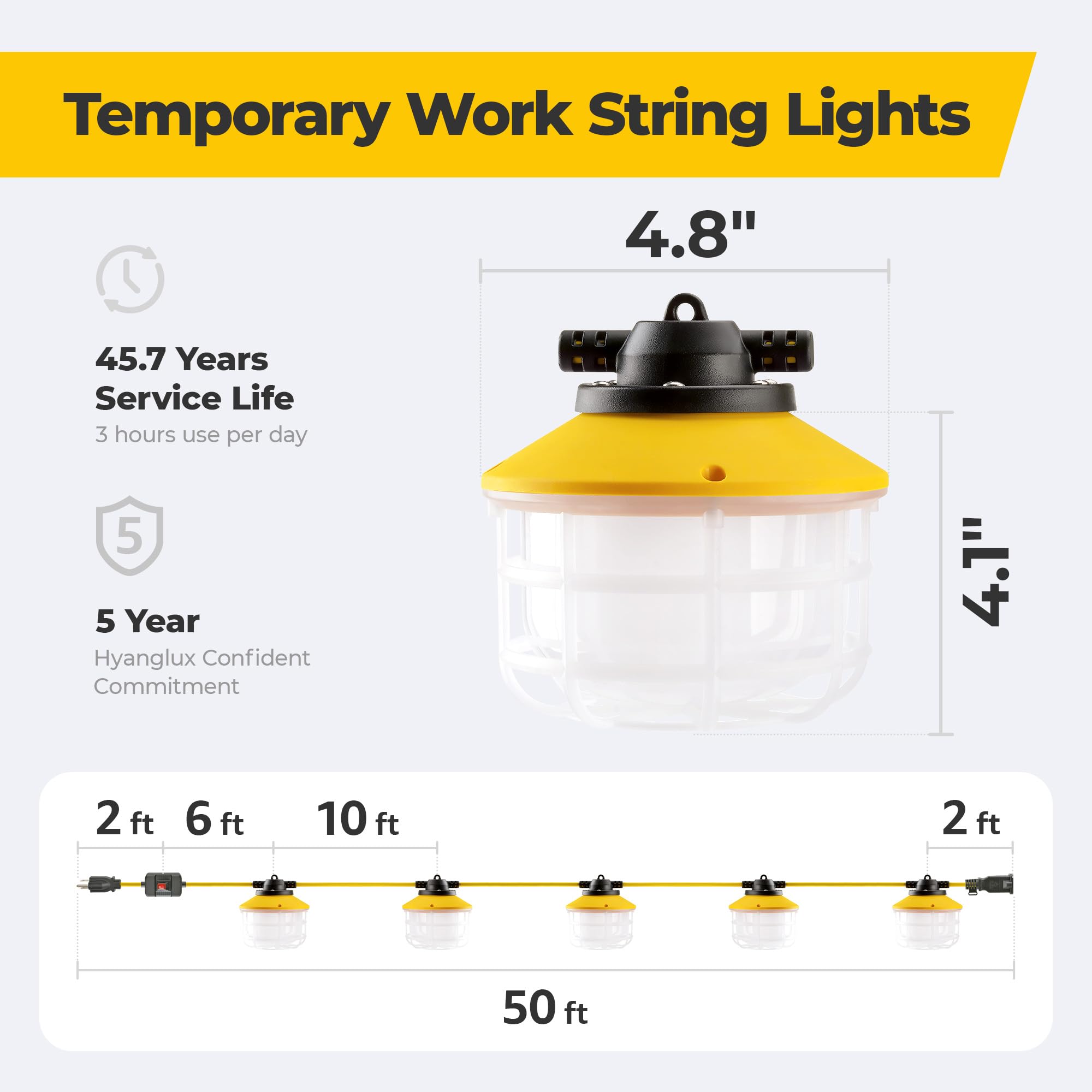 HYANGLUX 50FT Outdoor LED String Lights - 3 Prong with Switch, 75W 10500LM ETL Certified - Waterproof IP65 Construction Work Light for Jobsite, Garage, Attic - Perfect for Temporary Lighting, Backyard Parties, and Holiday Decorations