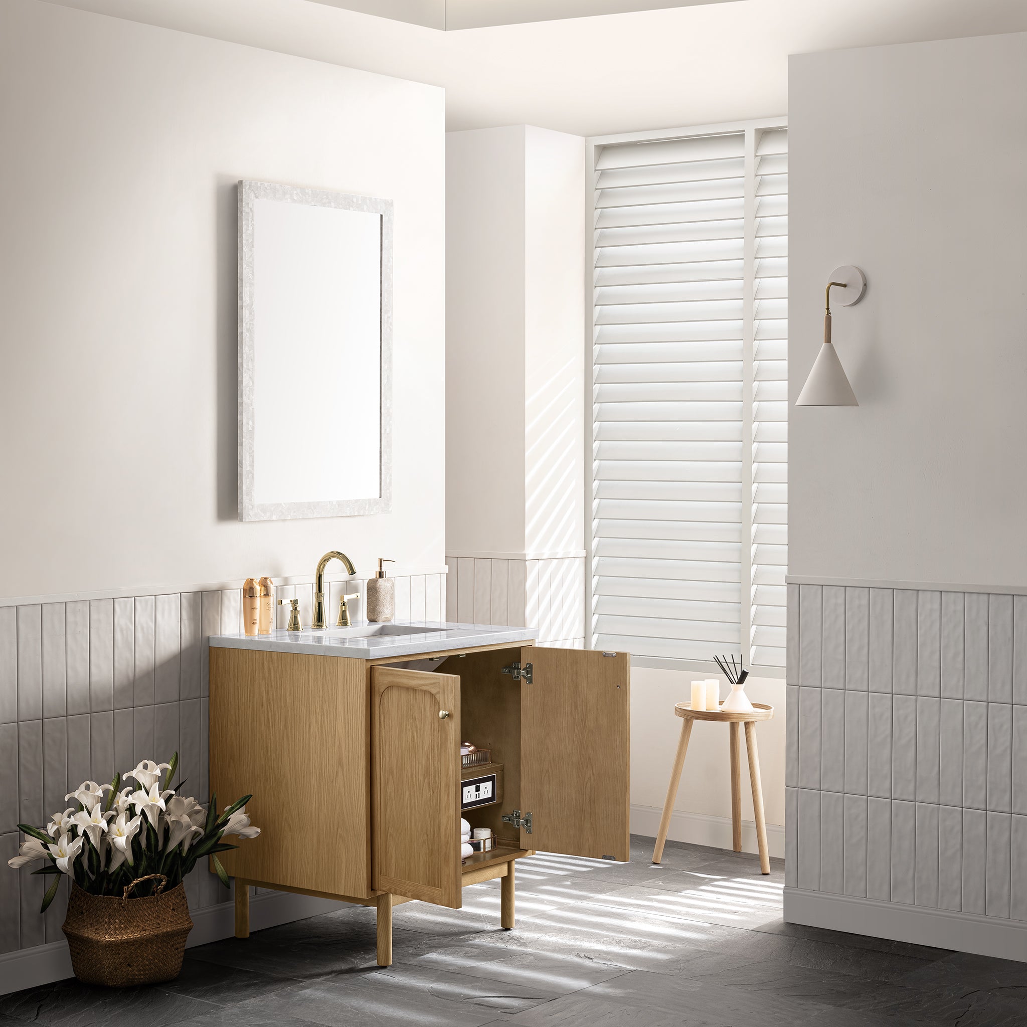 Laurent 30 Inch Single Bathroom Vanity in Light Natural Oak - Modern Sink Cabinet for Small Space & Powder Room Makeover