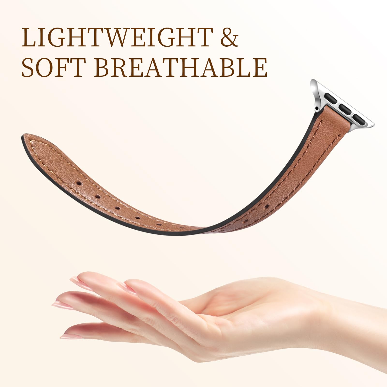 Premium Genuine Leather Strap for Apple Watch 38mm/40mm/41mm/42mm/44mm/45mm/46mm/49mm - Slim Thin Band Compatible with iWatch Series Ultra 2, SE, Series 10/9/8/7/6/5/4/3/2/1 - Elegant Women's Fashion Accessory for Work, Gym & Everyday Wear