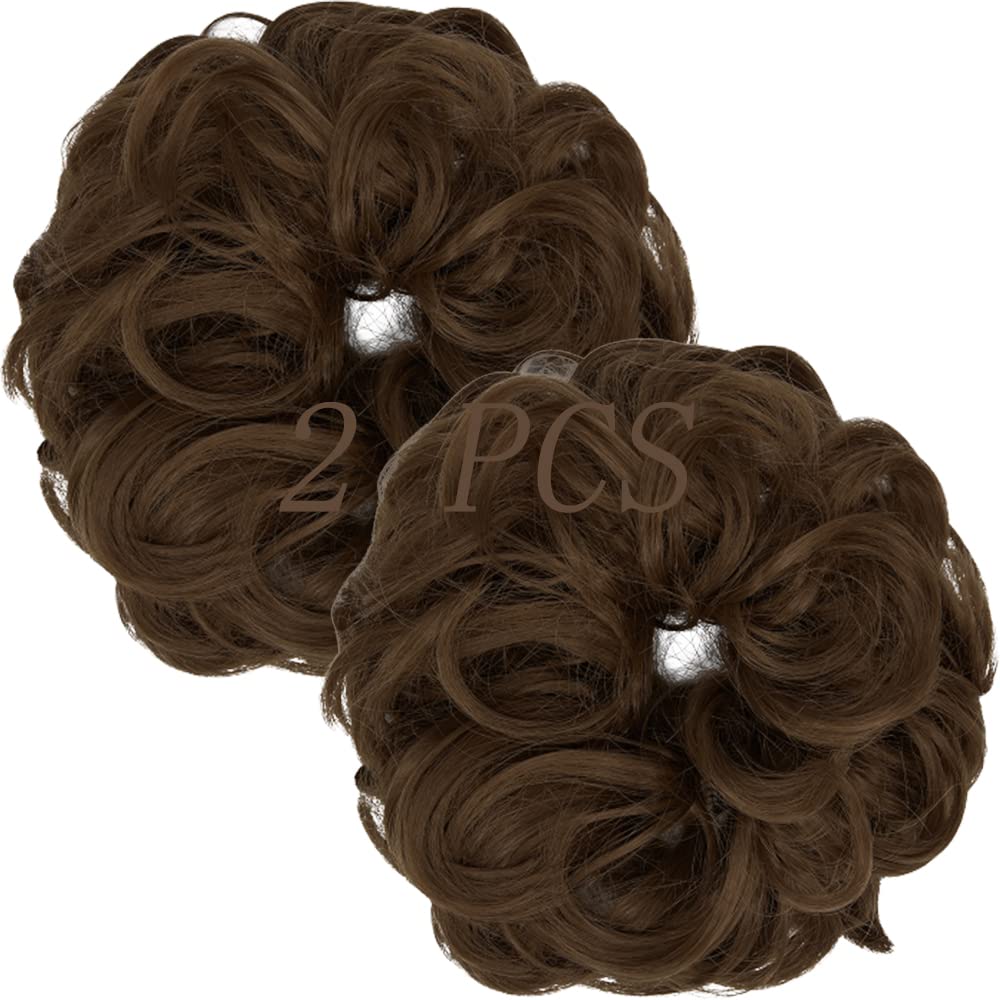 OMGREAT 2PCS Thick Messy Bun Hair Extensions - Curly Wavy Ponytail Hairpieces for Women | Light Chestnut Brown | Perfect for Updos, Parties & Everyday Wear