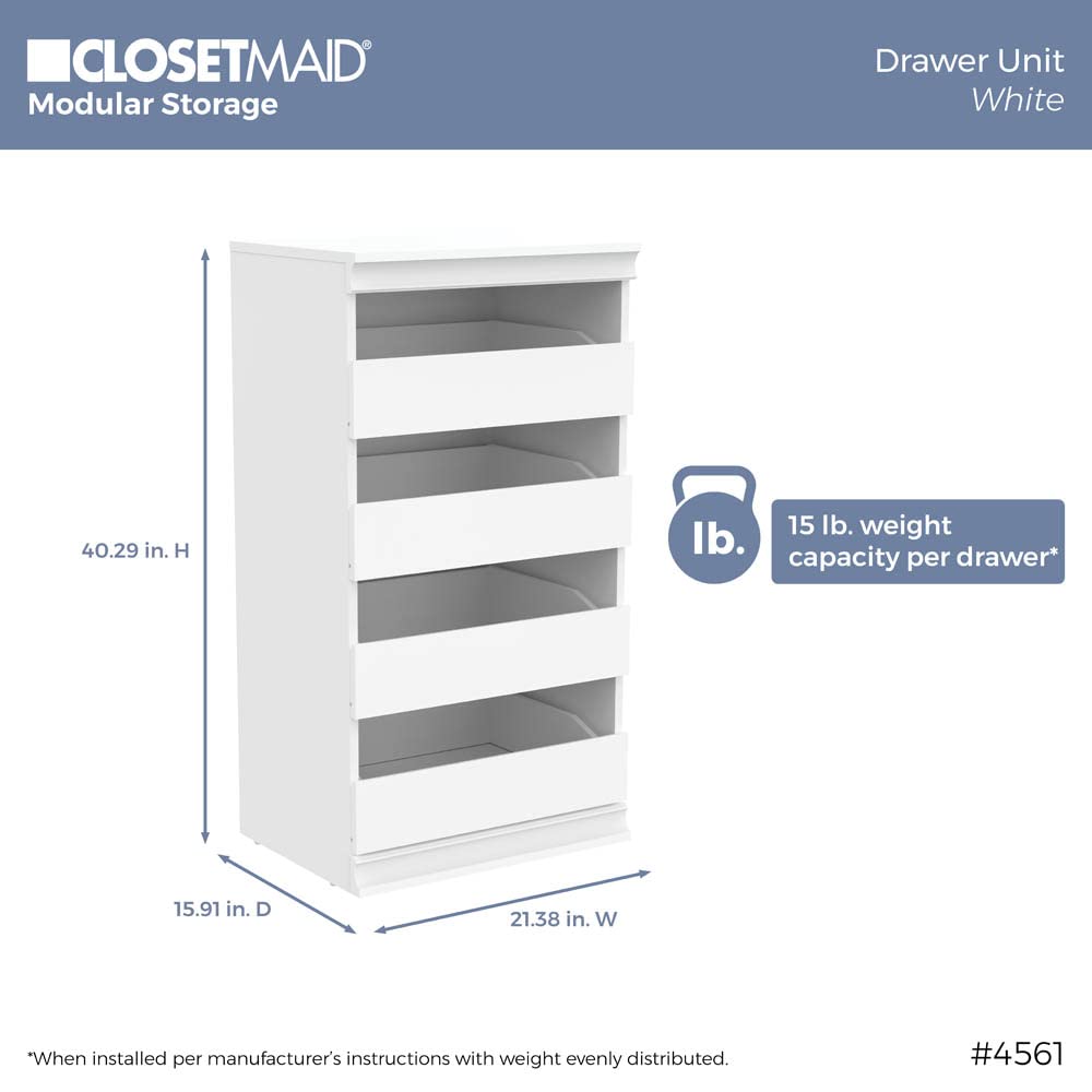 ClosetMaid 4-Drawer Modular Storage Unit - Wooden Closet Organizer with Stackable Design, Full Backer & Decorative Trim - White | Perfect for Bedroom, Closet & Home Organization