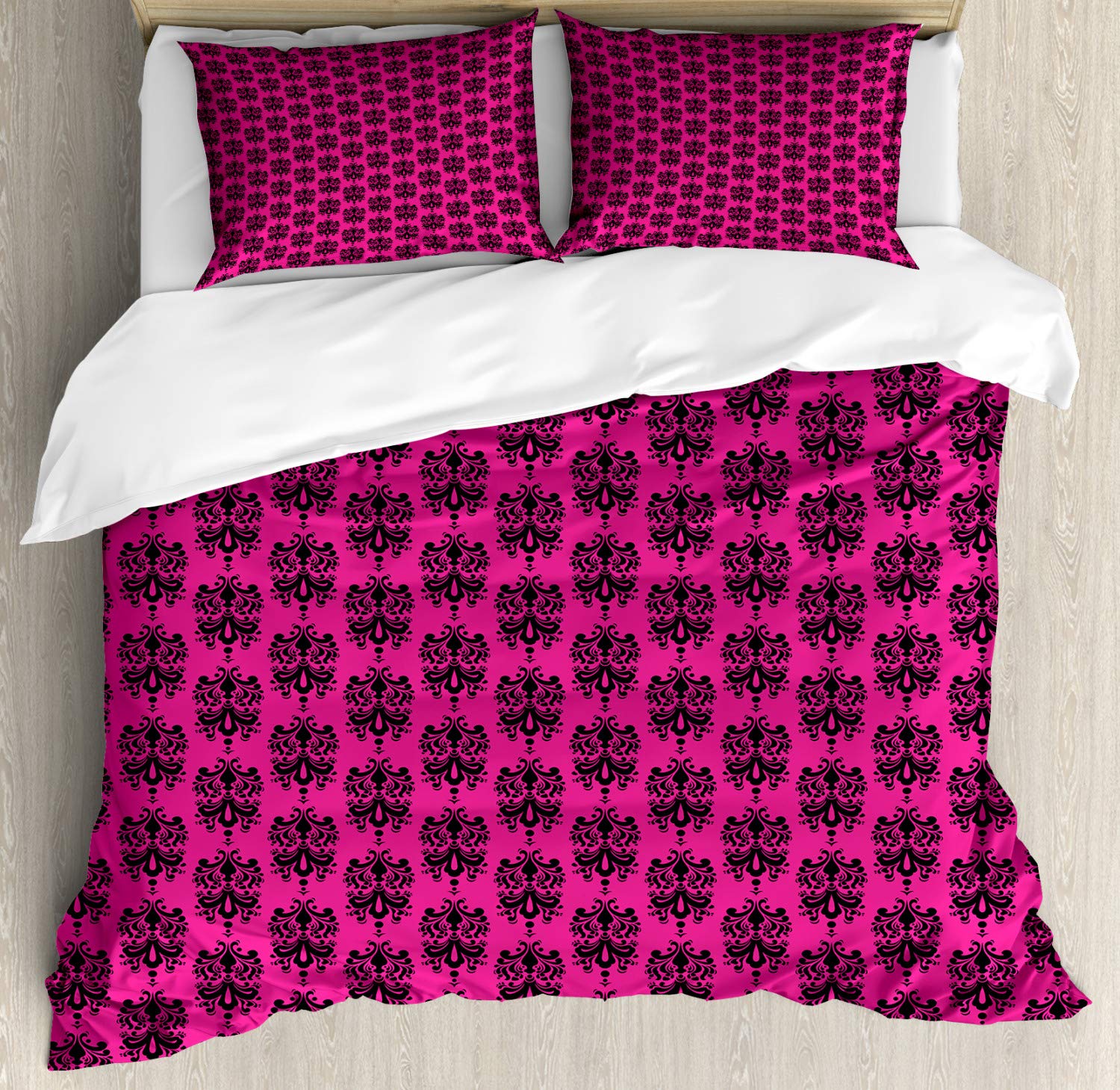 Ambesonne Hot Pink Duvet Cover Set - Oriental Black Damask Design California King Size 3-Piece Bedding with 2 Pillow Shams | Luxurious Eastern-Themed Decor for Master Bedroom, Guest Room & Bohemian Style Homes