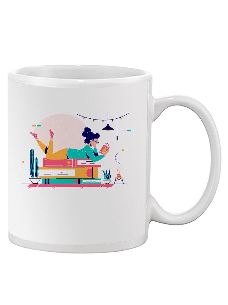 Smartprints Reading On A Pile Of Books Coffee Mug - Funny Book Lover Gift for Readers & Bibliophiles - Perfect for Home, Office & Library Use