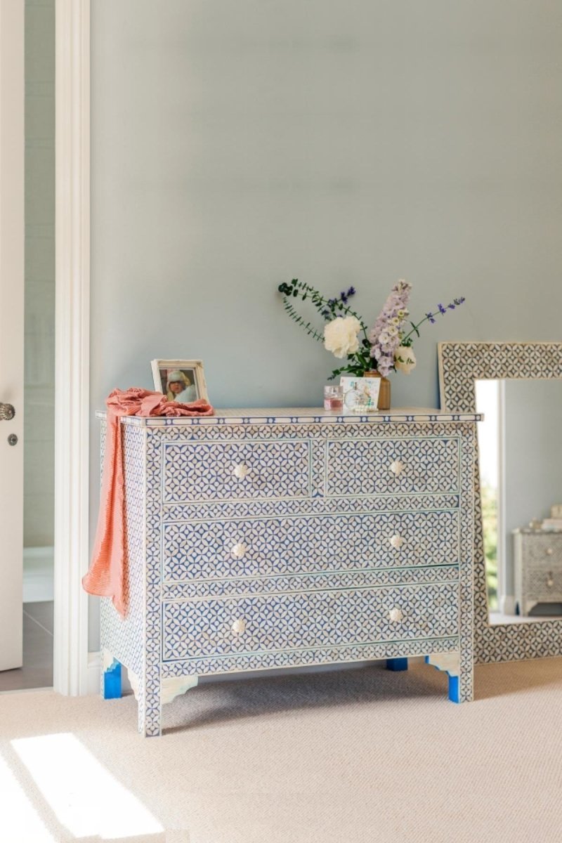 Handmade Bone Inlay Dresser with 4 Drawers - Blue Vintage Storage Cabinet for Bedroom, Living Room & Entryway Organization