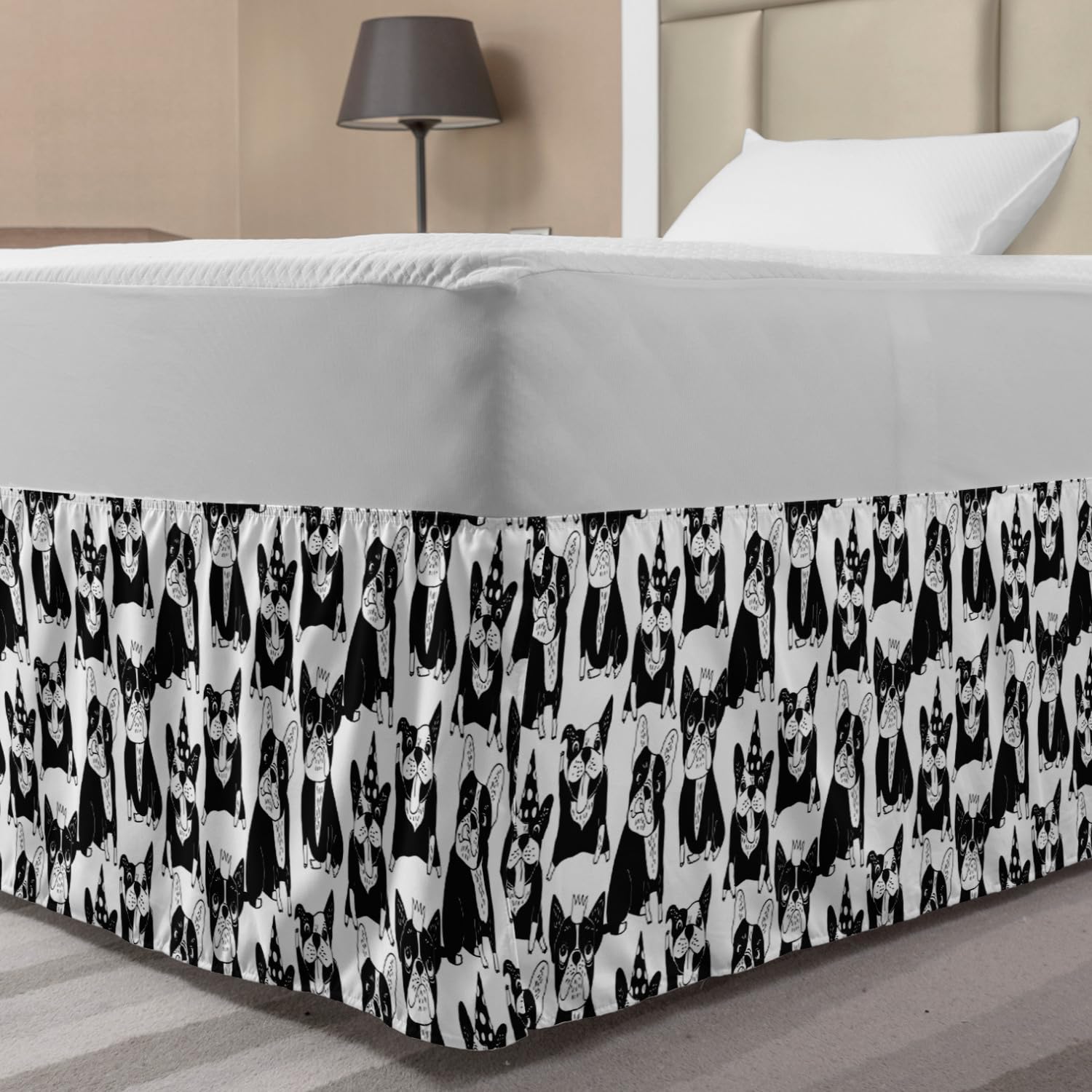 Ambesonne Bulldog Elastic Bed Skirt - Fun Doodle Pattern with Playful Pets in Party Hats & Crowns - Wrap Around Dust Ruffle Bedskirt for Full Size Beds - Black & White Home Decor for Kids' Rooms & Pet Lover Bedrooms