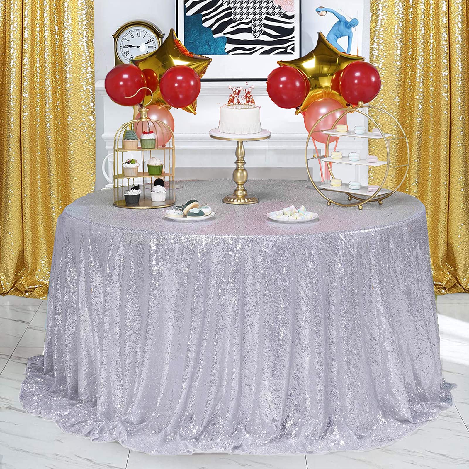 108 Inch Round Silver Sequin Tablecloth - Sparkly Glitter Table Cover for Wedding, Bridal Shower, Birthday Party & Prom Decorations | Elegant Round Table Overlay for Special Events & Celebrations