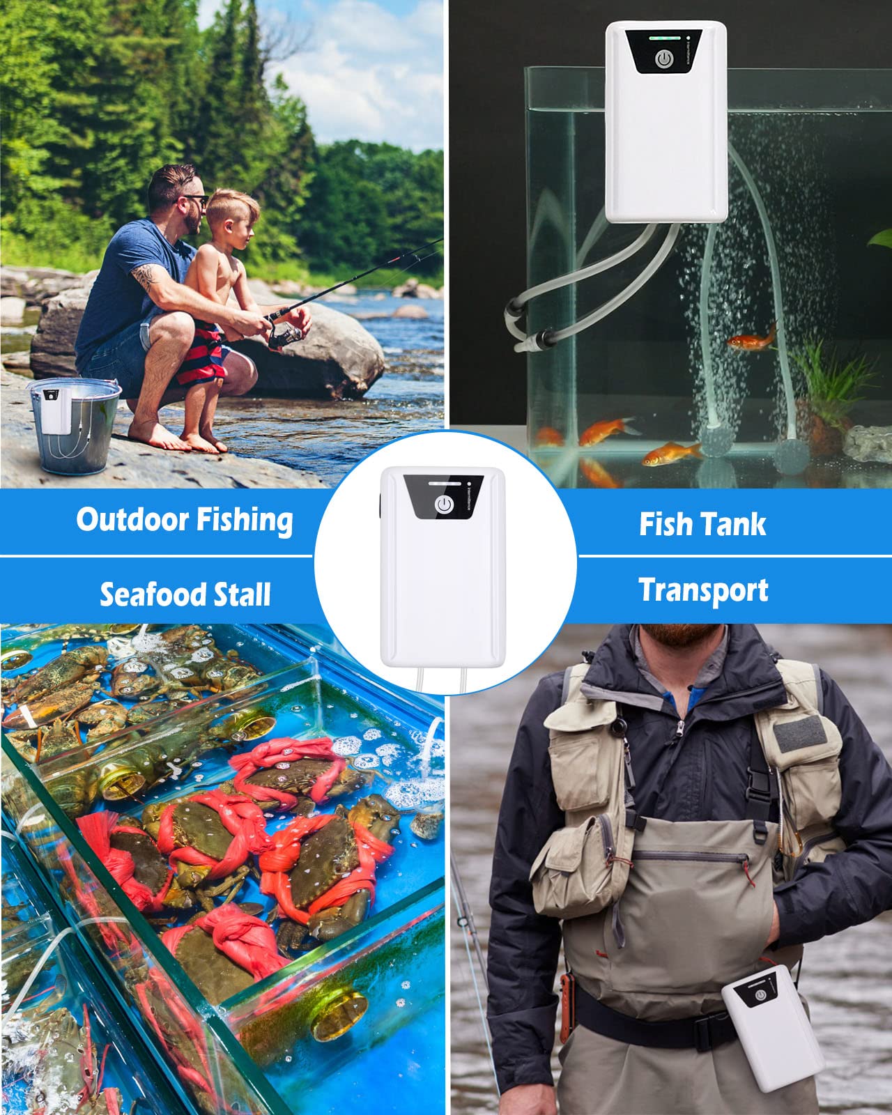 Petbank Portable Fish Air Pump - Rechargeable USB Aquarium Bubbler with Dual Outlets & Air Stones, 2600mAh Battery for Fish Tank, Bait Bucket & Outdoor Fishing | Quiet Oxygen Pump for Home Aquariums, Pond Aeration & Camping Trips