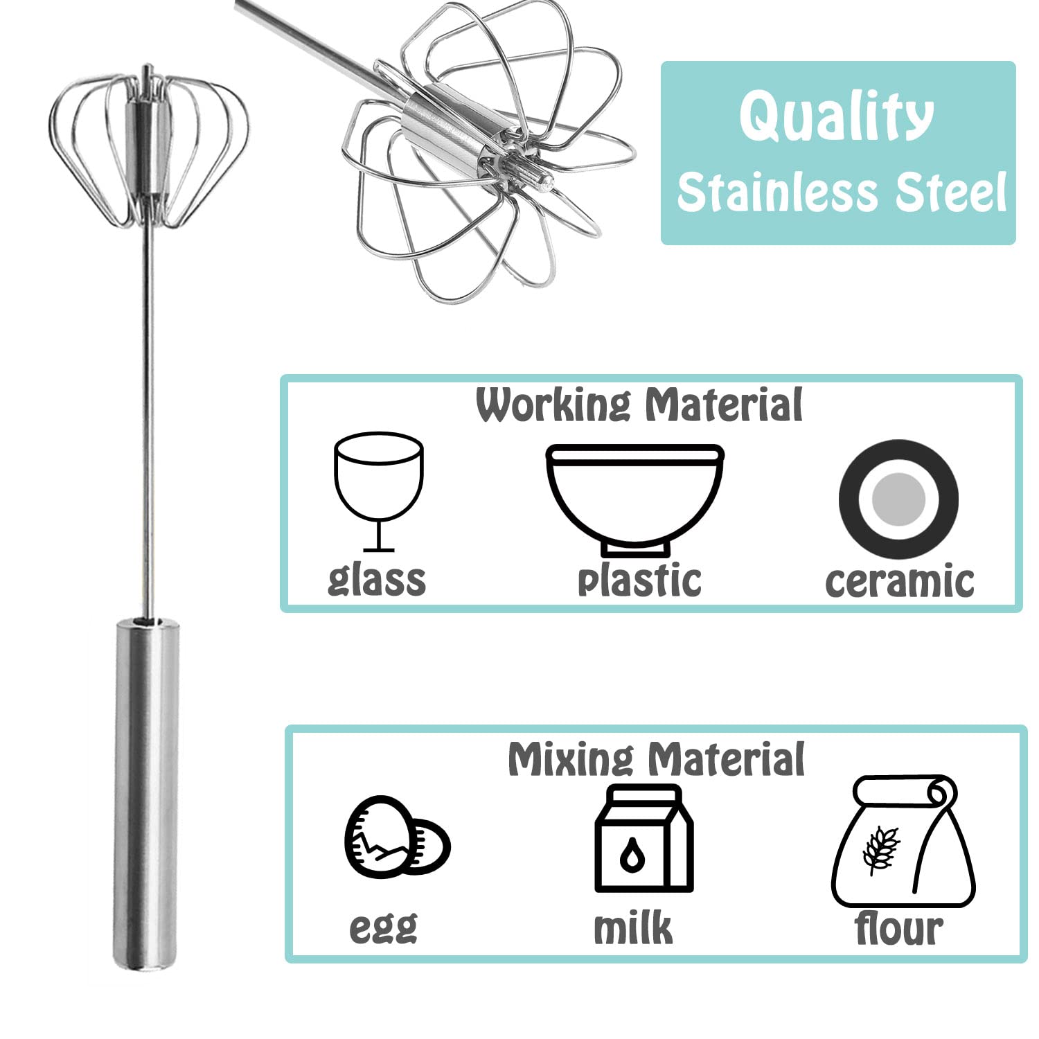 Stainless Steel Hand Push Rotary Whisk - Semi-Automatic Egg Beater for Cream, Baking, Mixing & Whipping - Perfect for Kitchen, Baking & Cooking (Silver)
