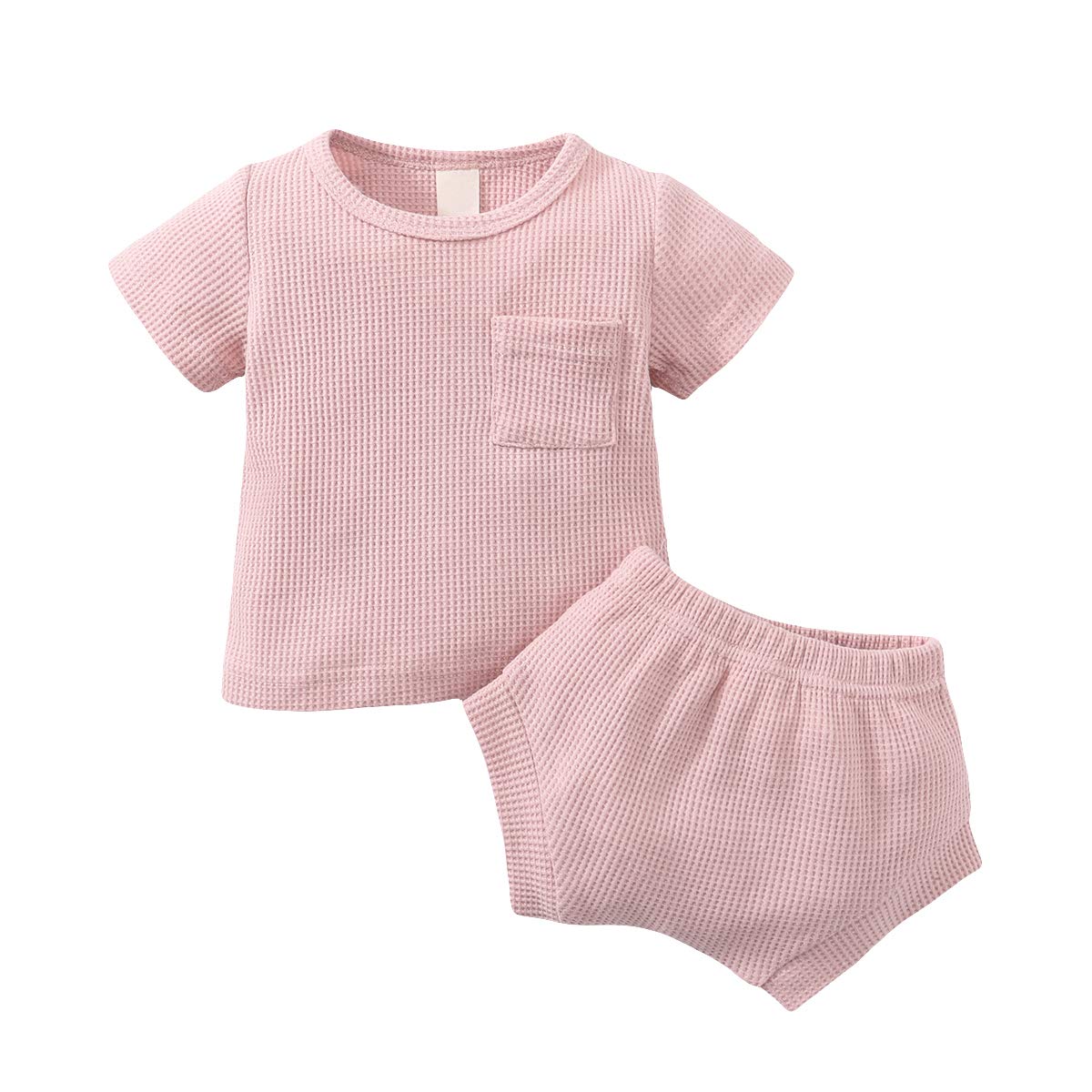 Summer Toddler Baby Clothes Set - Unisex Short Sleeve Pocket Shirt & Shorts Waffle Knit Outfit for Boys & Girls | Perfect for Playtime, Beach & Family Outings