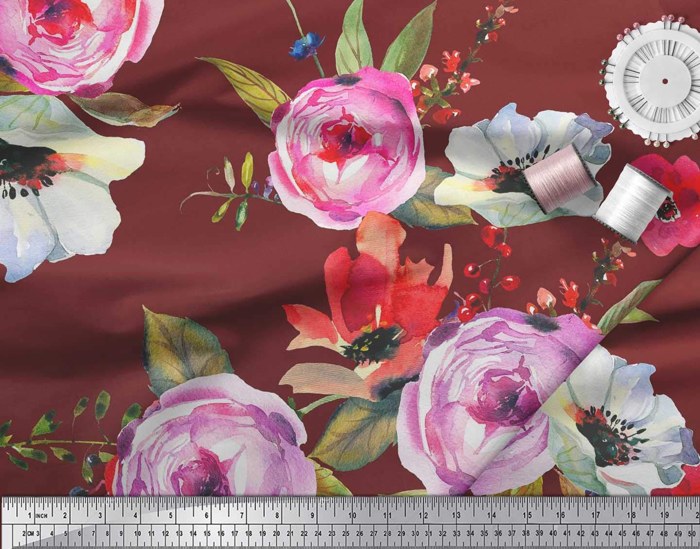 Soimoi Moss Georgette Red Fabric by The Yard - 42 Inch Wide Floral Printed Fabric with Leaves & Peony Design for DIY Crafts, Dresses, Curtains & Home Decor - Lightweight & Elegant Fabric for Sewing Projects