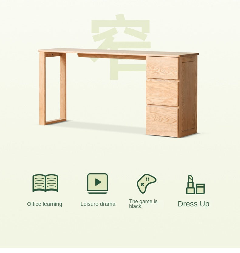 Solid Oak Wood Narrow Long Table with Storage Cabinet - Perfect for Small Spaces, Entryways & Home Offices