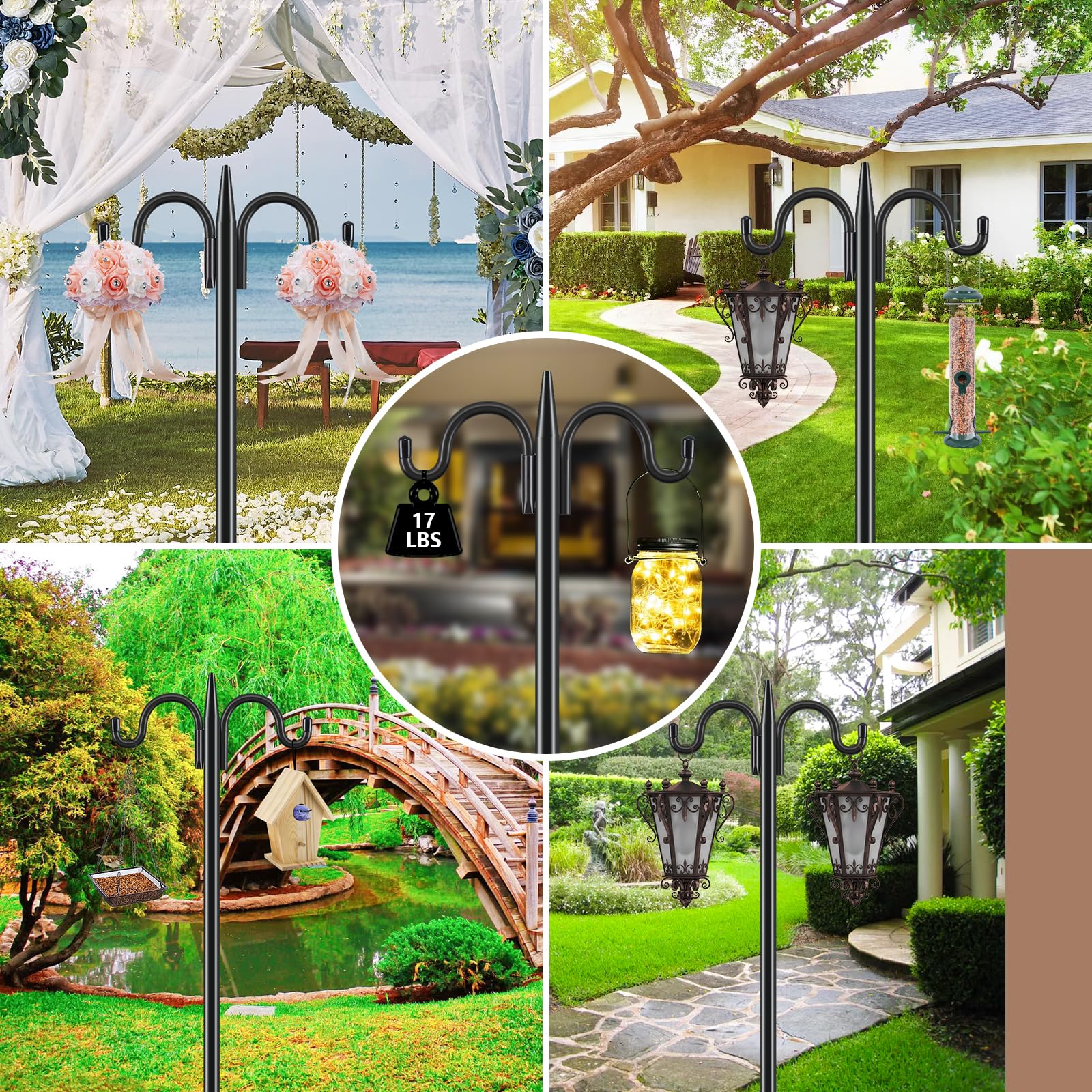 92 Inch Heavy Duty Squirrel Proof Bird Feeder Pole - Adjustable Double Shepherds Hook with Squirrel Baffles & 5-Prong Base for Hanging Plants, Bird Houses - Perfect for Backyard, Garden & Outdoor Decor (Black)
