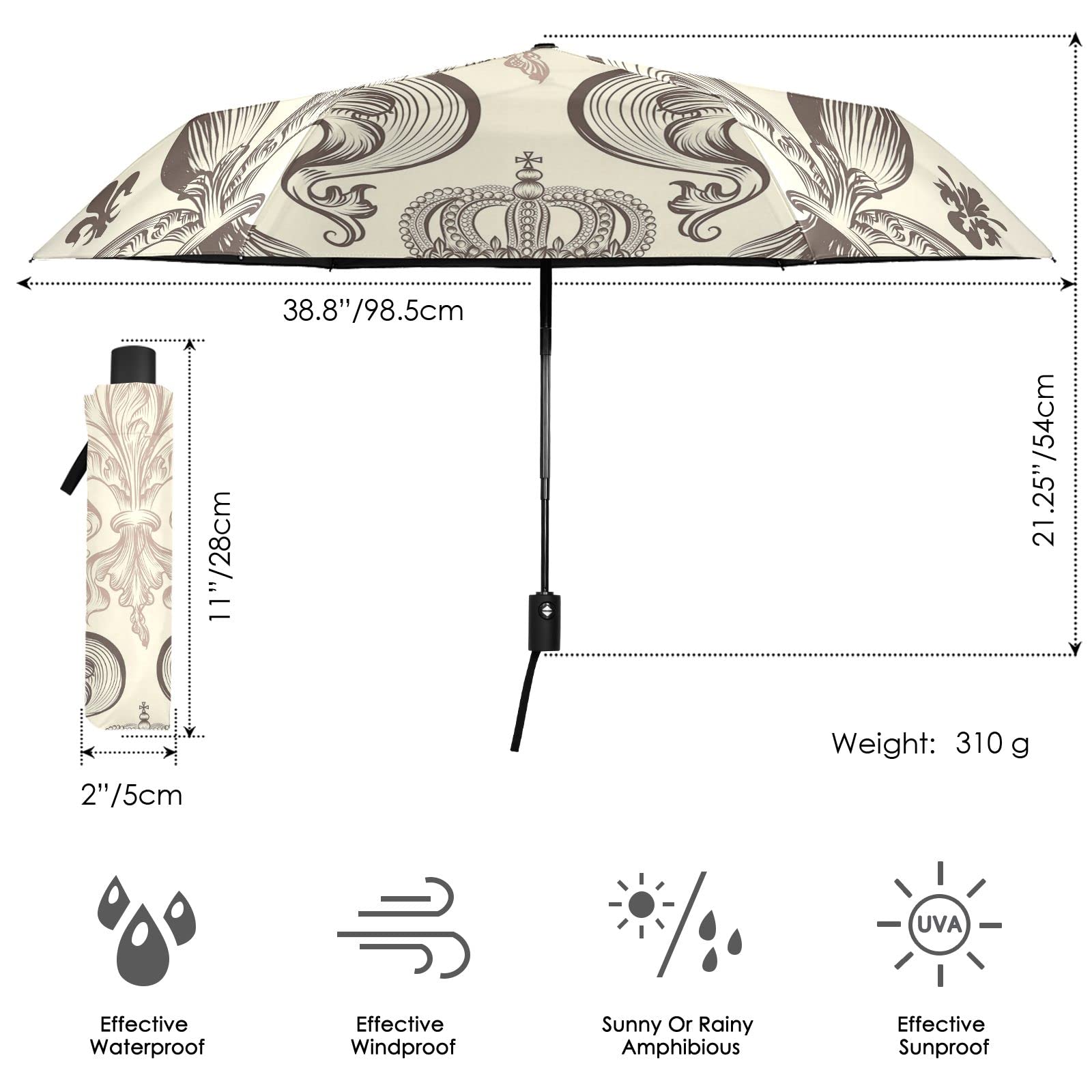 Premium Heraldic Fleur De Lis Crowns Automatic Folding Umbrella - Auto Open/Close, Lightweight & Portable for Travel - Compact UV Protection & Rainproof Design - Perfect for Sunny Days, Rainy Weather & Outdoor Adventures