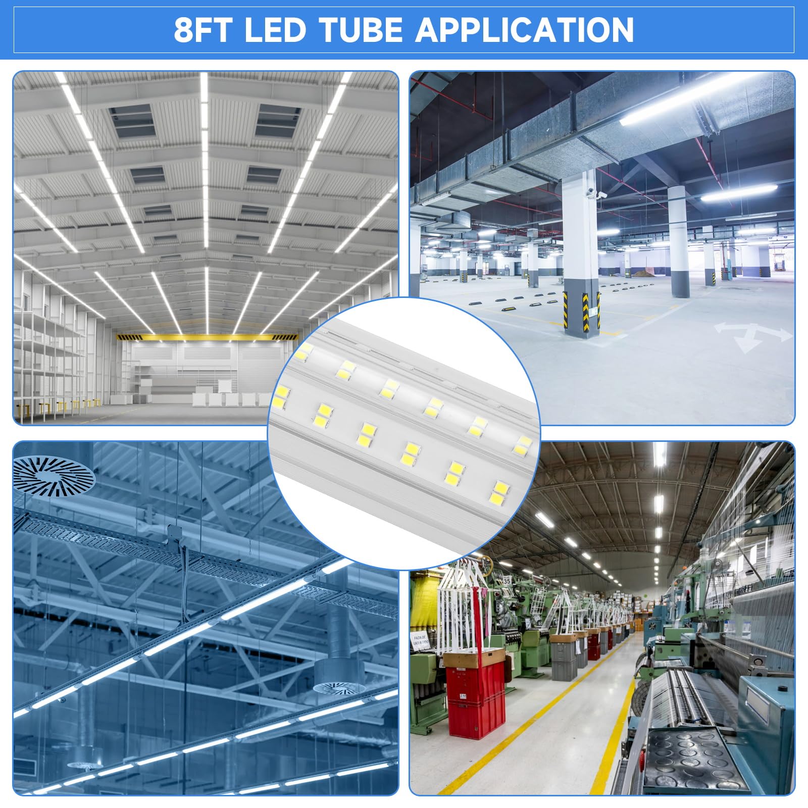 8FT LED Shop Light - 125W U Shape Integrated LED Tube, 6500K Daylight White, 20000LM Super Bright, Flush Mount or Hanging Linkable Ceiling Lights for Garage, Workshop, Warehouse - Plug & Play (6 Pack) - Perfect for Industrial, Commercial & Home Use