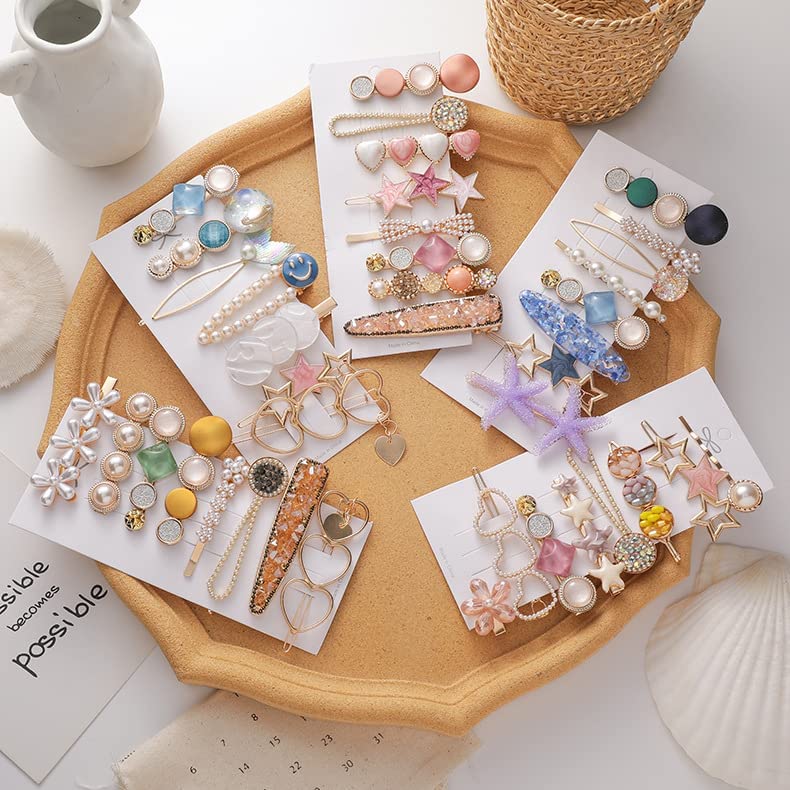 Korean Style Pearl Barrettes & Hair Clips for Women - Elegant Marble Alligator Bobby Pins & Duckbill Hair Accessories Set (Pack of 8) | Perfect for Weddings, Parties & Everyday Hairstyling