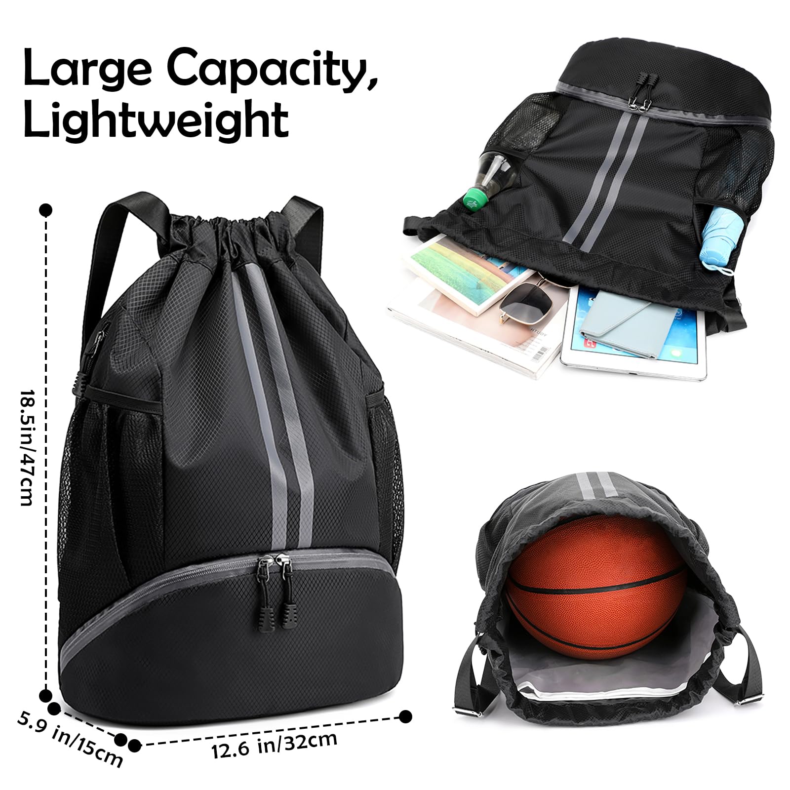 **Waterproof Drawstring Backpack with Zipper, Shoe Compartment & Wet Pocket - Lightweight Gym Sack for Men & Women - Perfect for Travel, Soccer, Swimming & Workout (Black)**