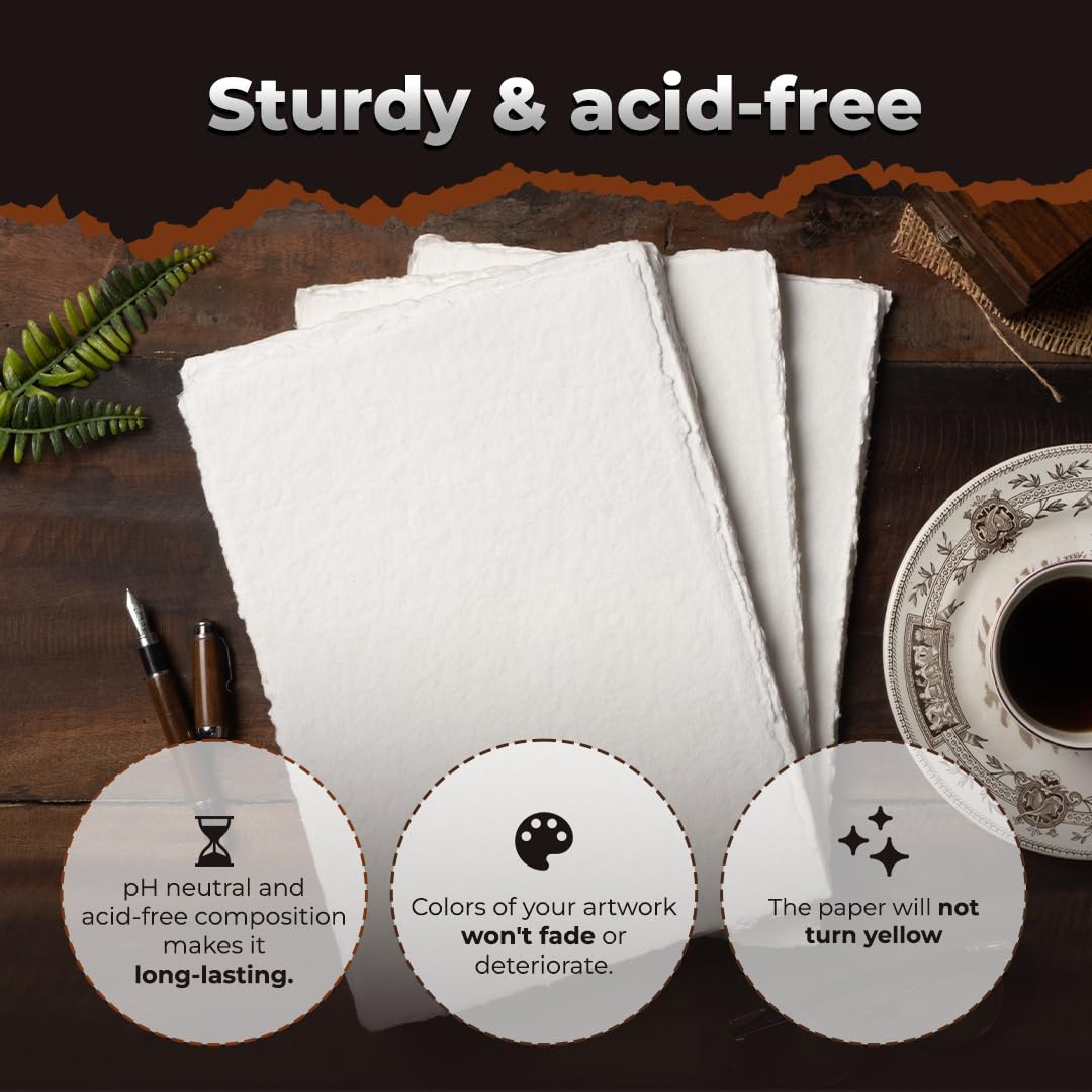 400 GSM Handmade Vintage Deckle Edge Paper - 40 Sheets of Textured Egyptian Cotton Paper for Drawing, Sketching & Calligraphy | Perfect for Art Projects, Scrapbooking & Wedding Invitations