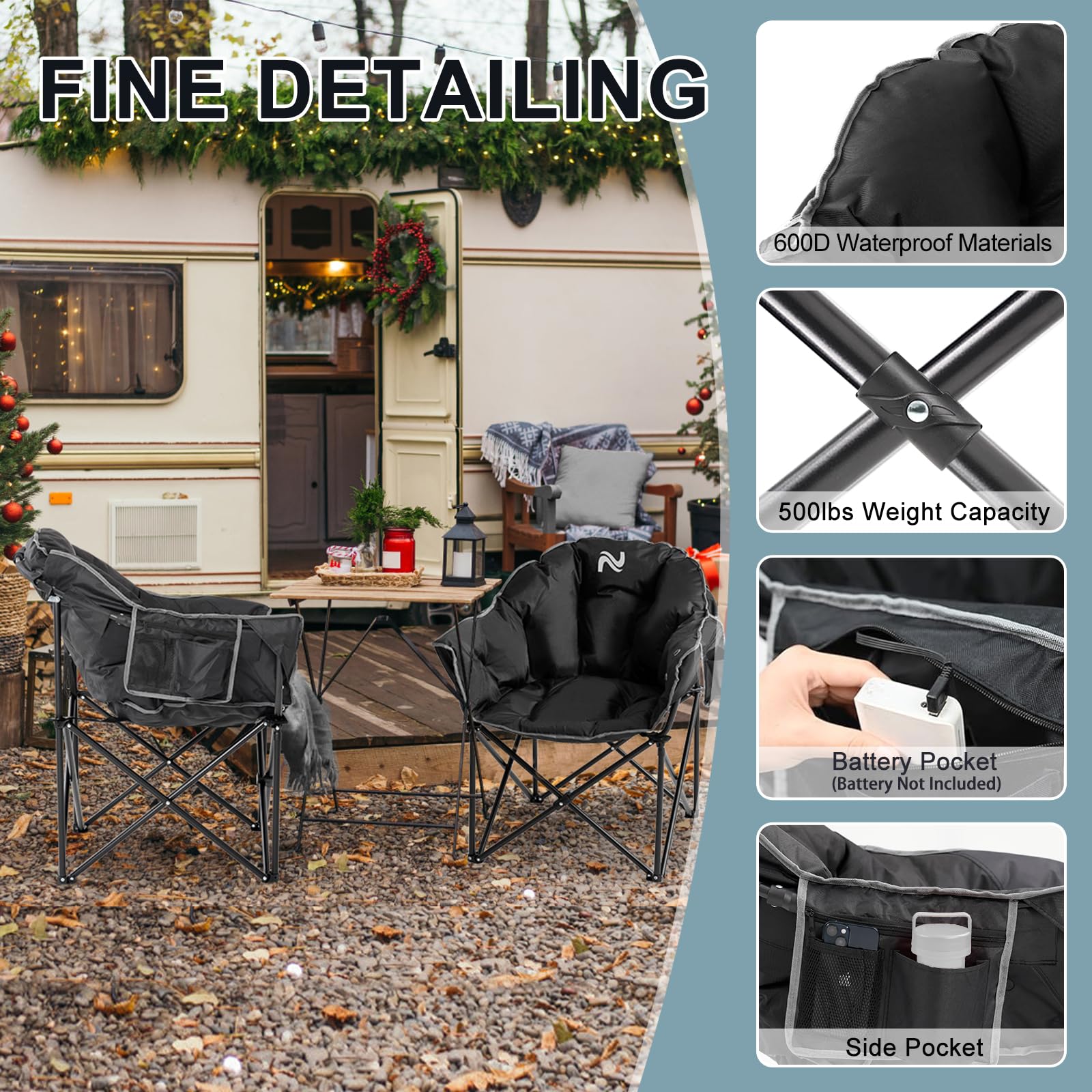 MOPHOTO Heated Camping Chair - Portable Outdoor Folding Chair with Heating Pad, Oversized Padded Seat for Adults - Perfect for Camping, Hunting, Fishing, Backyard, Patio, and Beach Relaxation